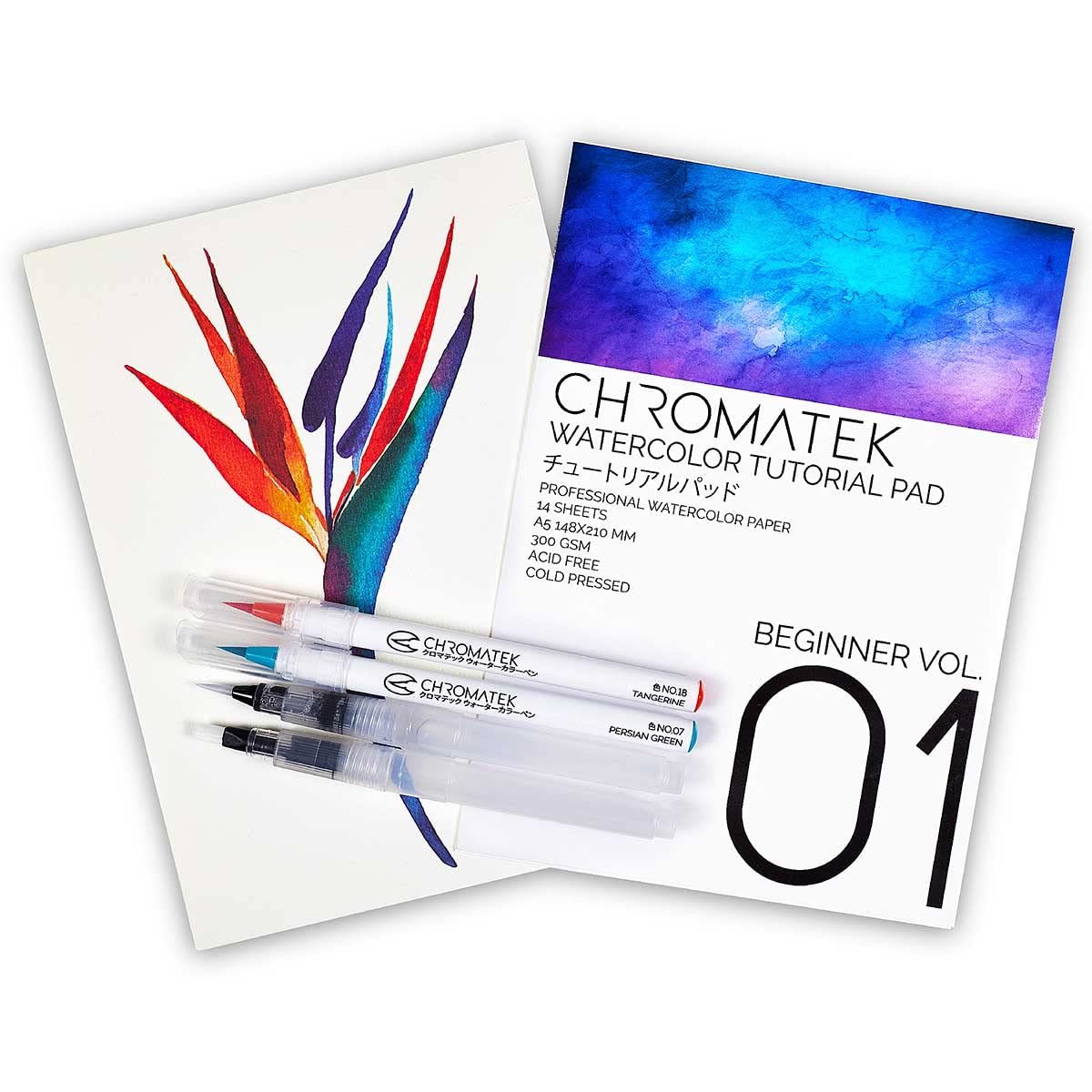 CHROMATEK 30 Watercolor Brush Pens - 15 Page Tutorial Pad and Online Video Series - Real Brush Tip, Vivid, Blendable - Professional Artist Quality - 27 Colors - 3 Aquapens