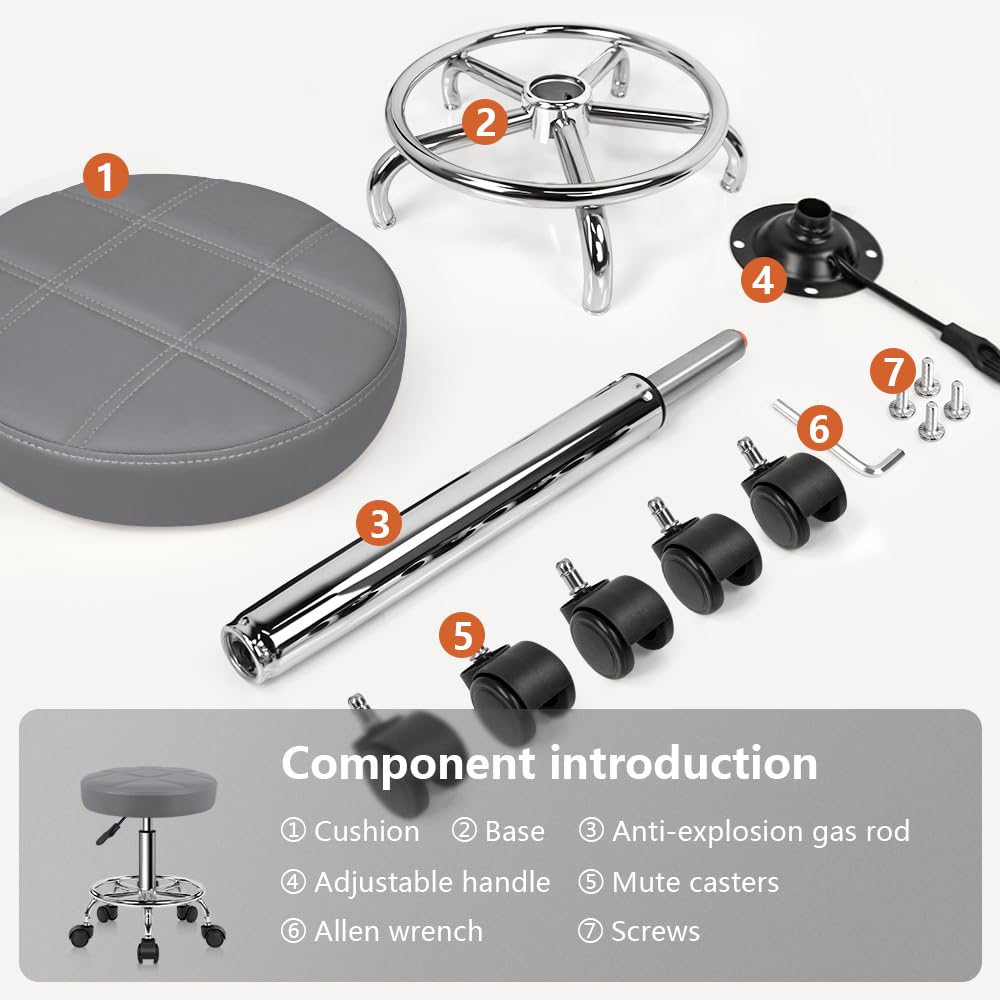 KKTONER Round Rolling Stool Chair PU Leather Height Adjustable Swivel Drafting Work SPA Shop Salon Stools with Wheels Office Chair Small (Gray)