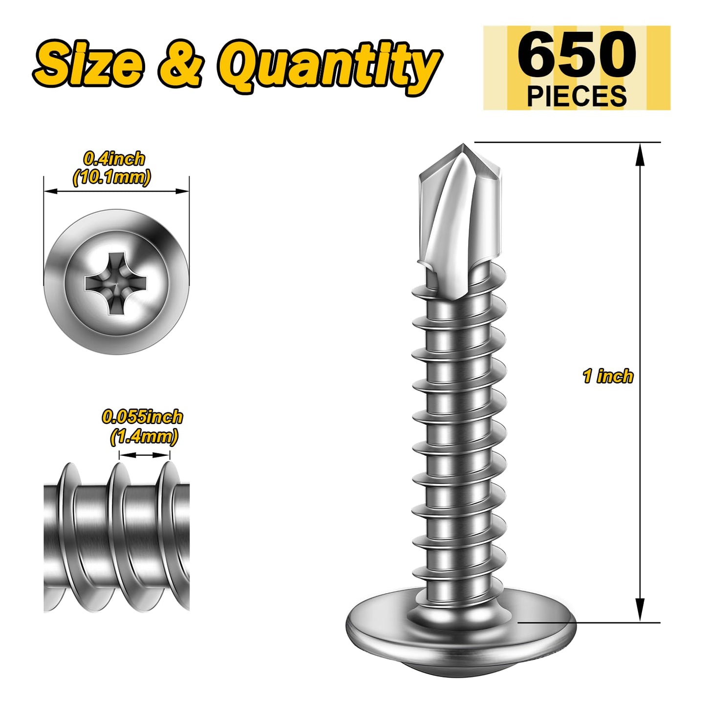 Mywish 650Pieces #8×1" Self Tapping Screws for Metal, Sheet Metal Screws 410 Stainless Steel Truss Head Self Drilling Screws High-Strength Quick Tapping Screws