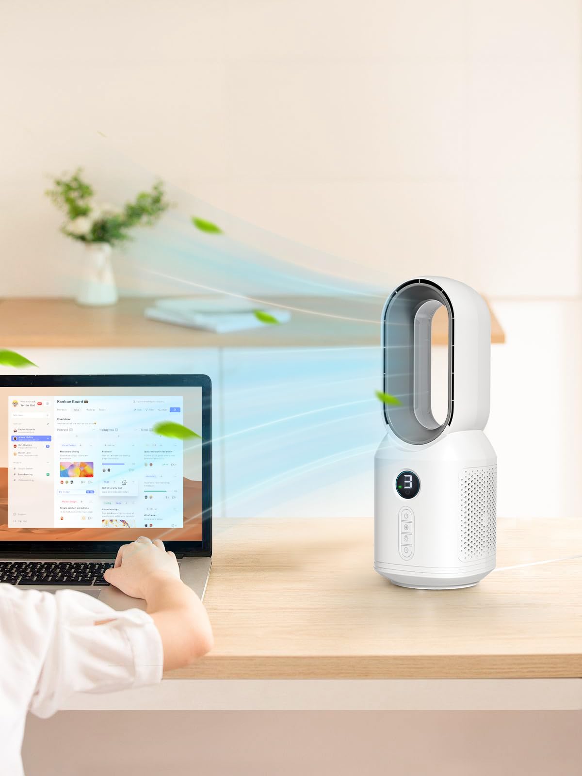 Let'me 13 Inch Desk Fan, Small Bladeless Fan with 9-Hour Sleep Timer, 3 Speeds Cooling Table Fan with Night Light, Quiet Desk Fan for Bedroom, Nightstand, Office