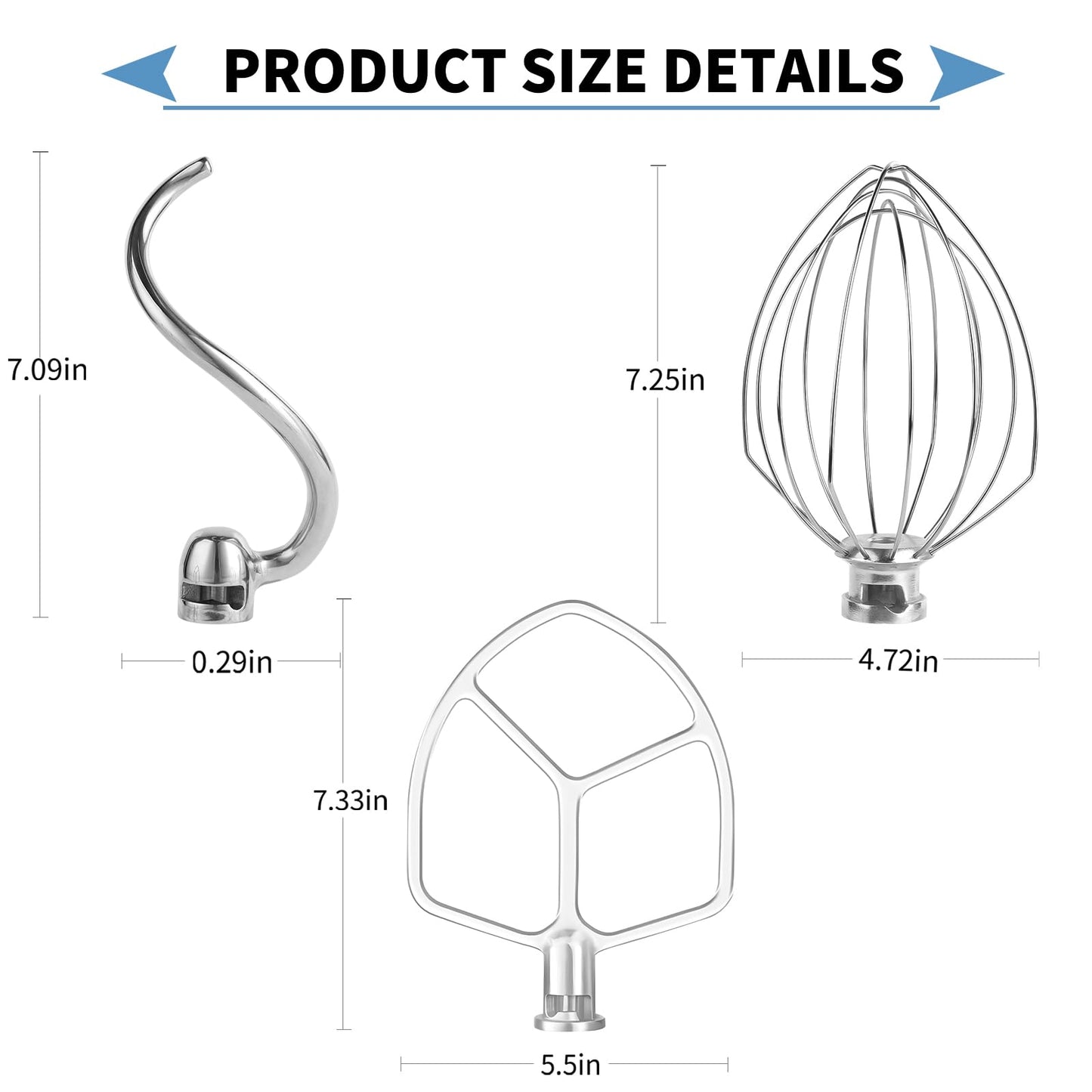 Stainless Steel 3 Piece kit Attachments,Dough Hook 6 Wire Whisk Flat Beater Compatible with KitchenAid 5-6QT Mixer,Bowl Lift Stand Mixer Accessory,Rust Resistant,Dishwasher Safe