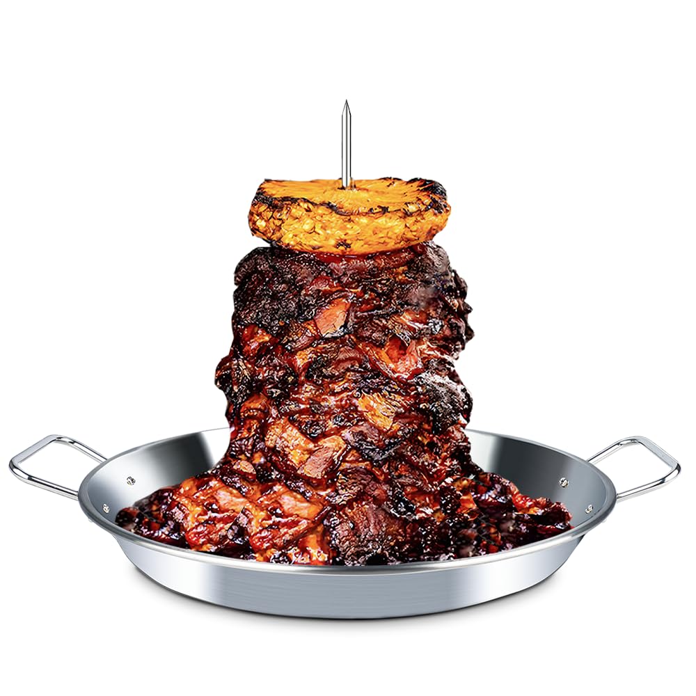 Dallden BBQ Vertical Skewer Al Pastor for Grill-Vertical Spit with 13" Base Pan for Tacos Al Pastor, Vertical Rotisserie Shawarma-Grilling Accessory with 3 Spikes (8”,10" and 12”)