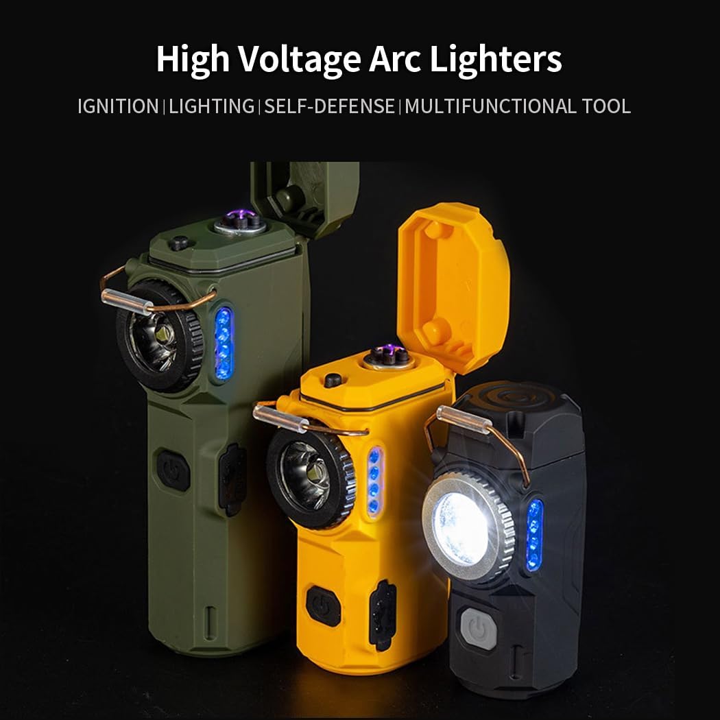 BY-J Electric Lighter with Digital Display and Flashlight - Type C Smart Fast Charge, Plasma Arc, Waterproof and Windproof Flameless Cool for Camping, Hiking, Outdoor Activities, Black