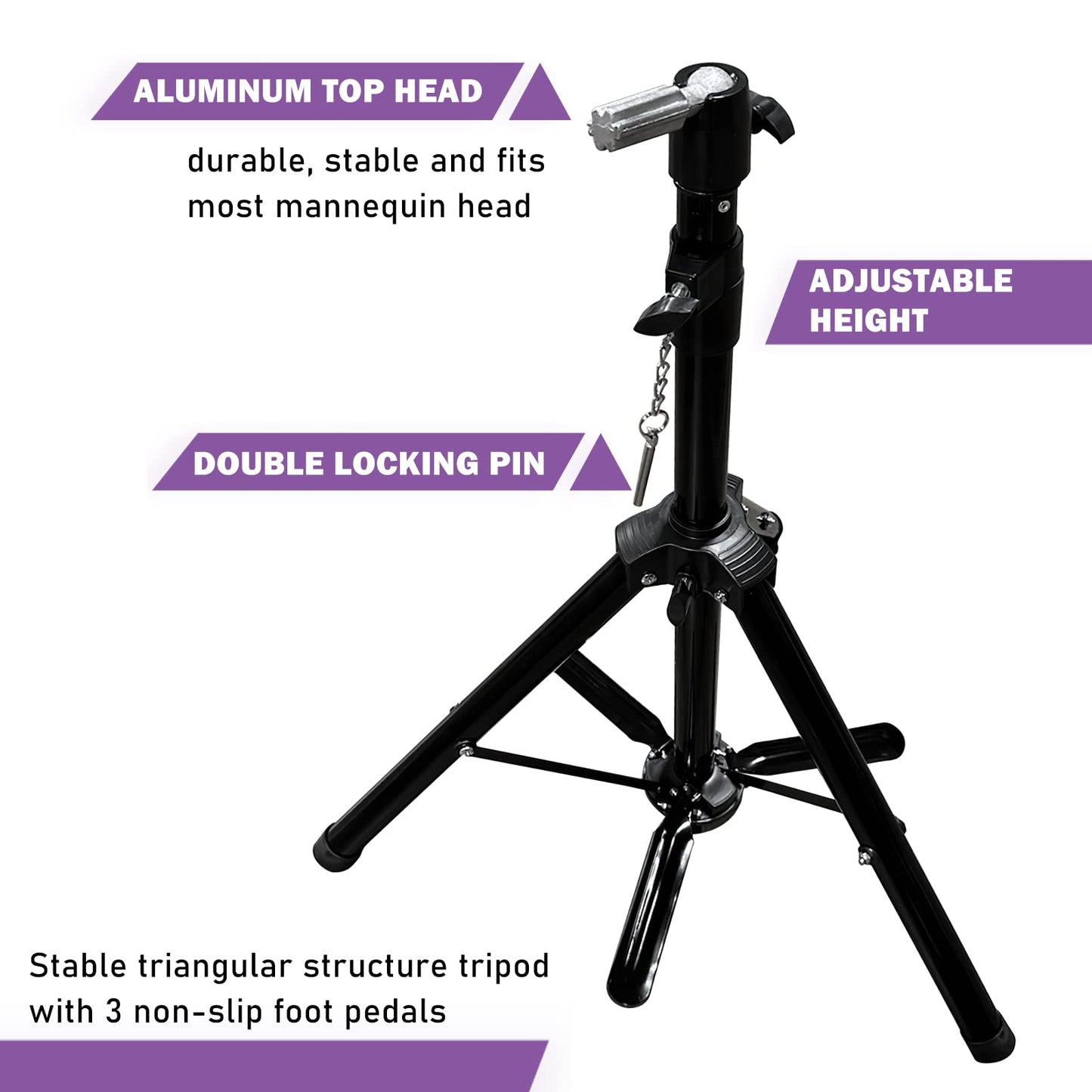 Superhairpieces Sturdy and Adjustable Wig Stand Tripod, Foldable Tripod Metal Mannequin Head Stands - Perfect for Wig Storage, Styling, Hairdressing Training and Display (Black)