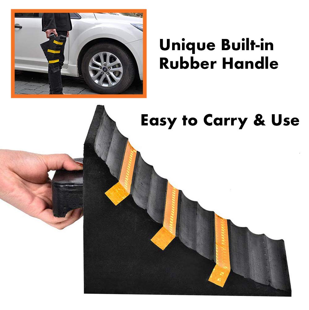 Genubi Industry 2 Pack Black Heavy Duty Extra Large Solid Rubber Wheel Chock with Portable Handle for Travel Trailer, Truck, Commercial Vehicle and RV, 9.5 Inches x 6 Inches x 7 Inches