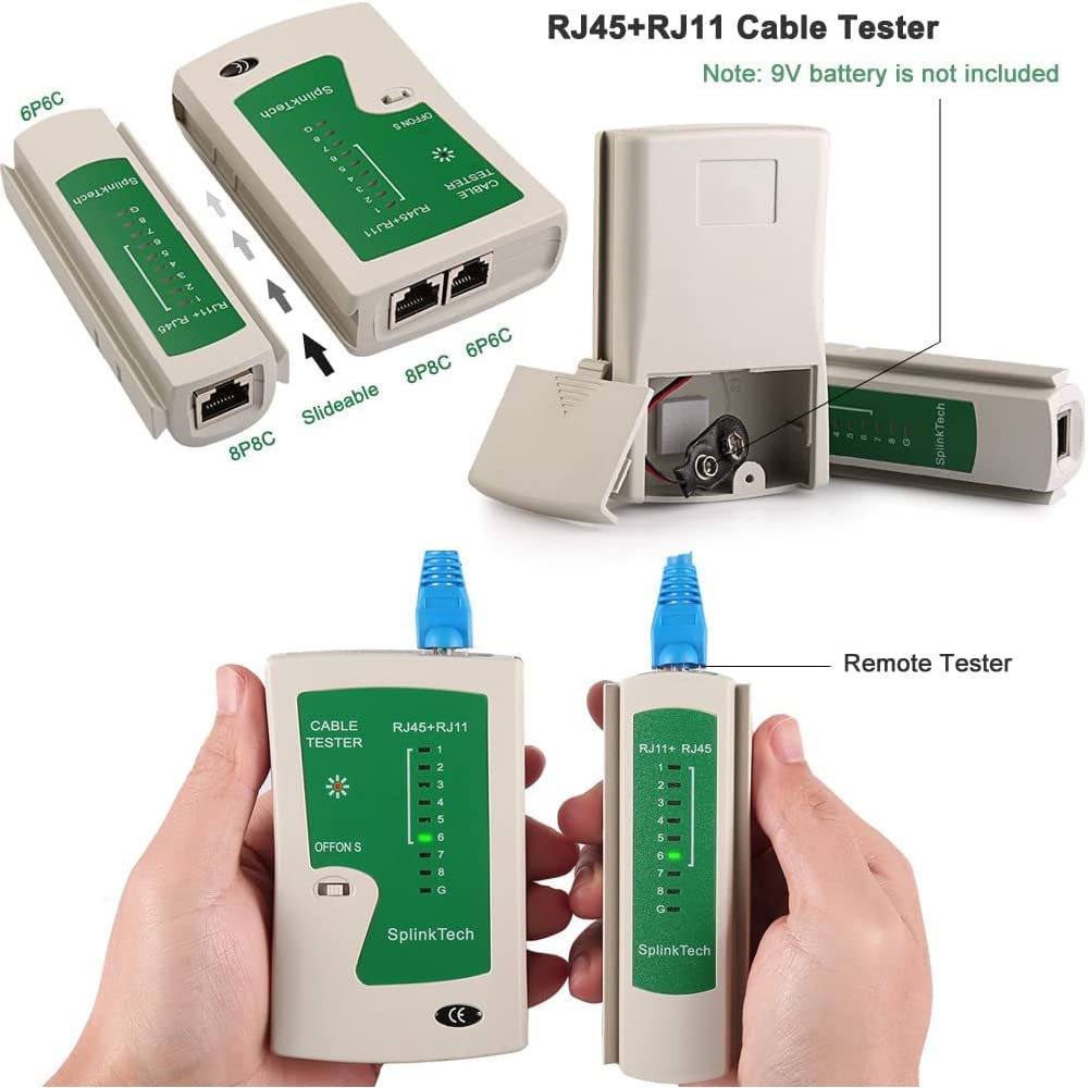 CHZHLM RJ45 Crimping Tool Kit Pass Through Crimper Stripper Cutter All-in-One for Cat5 Cat6 Pass Through Connector with Cable Tester 50Pcs Connectors 50Pcs Covers Mini Stripper and Blades