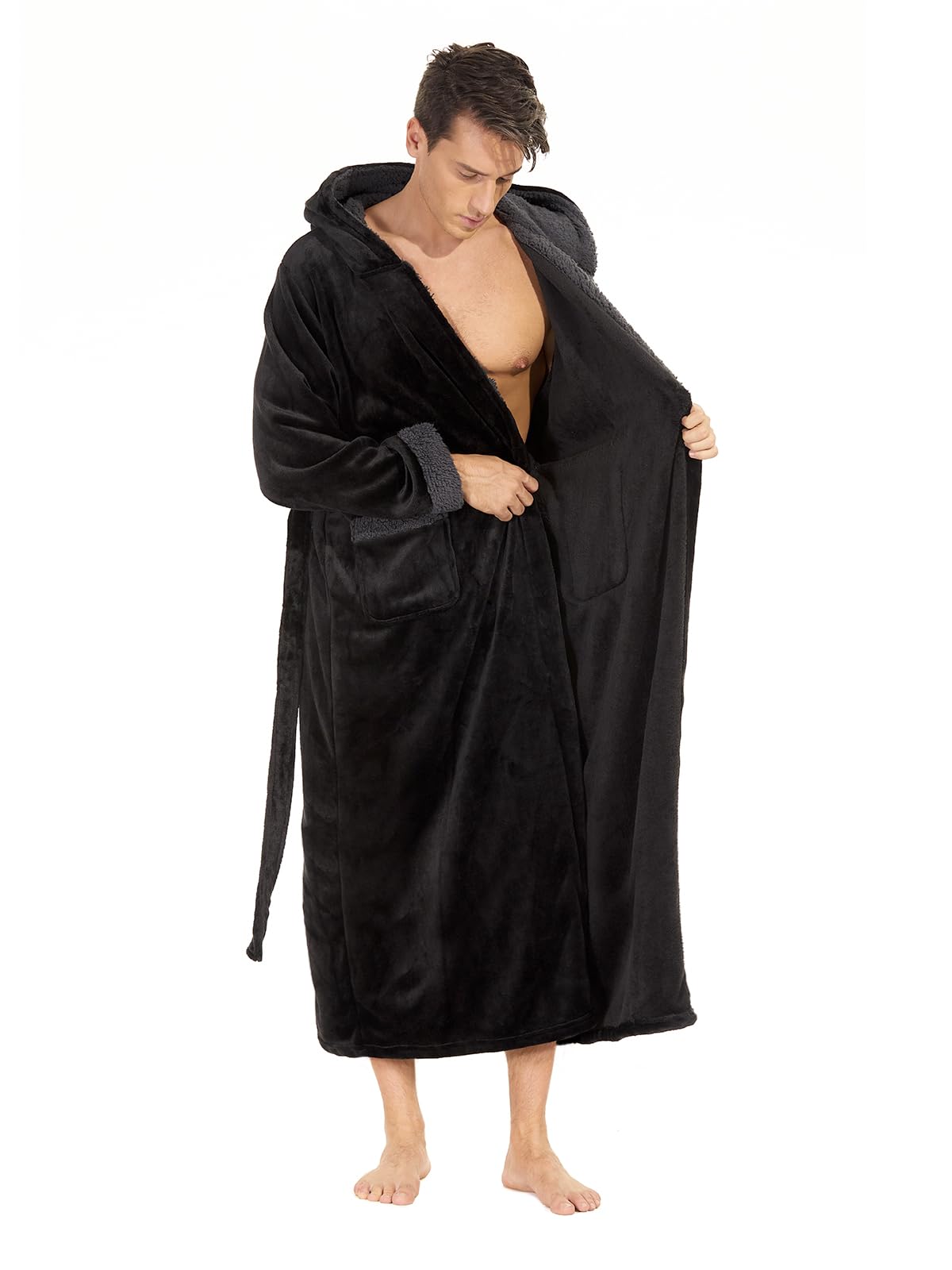 iniber Mens Hooded Robe, Soft Lightweight Plush Robes for Men, Warm Long Fleece Men's Bathrobe with Pockets