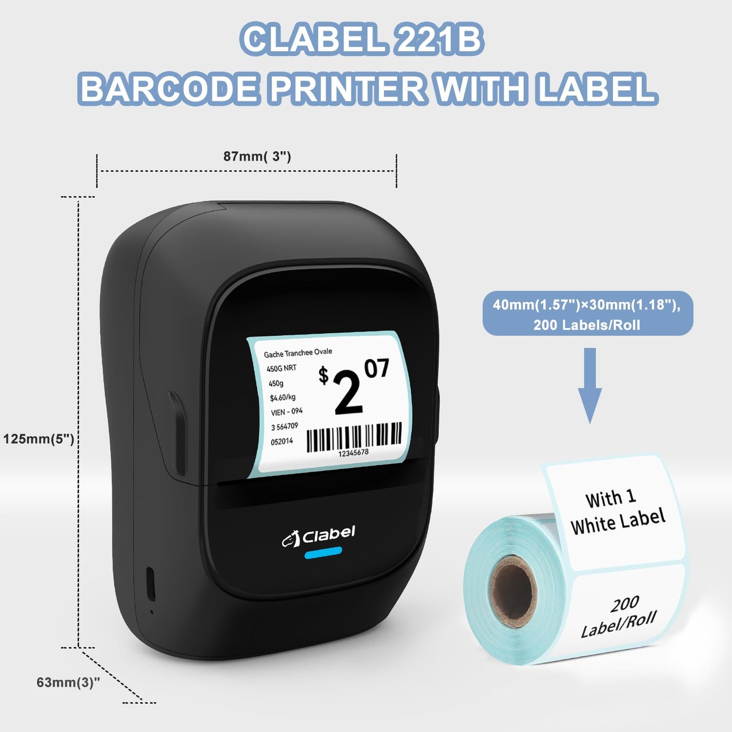 CLABEL Label Maker Machine with Tape: 221B Inkless Label Printer Handheld Barcode Printer Compatible with Phone & PC for Retail School Office Organization Label Makers with APP