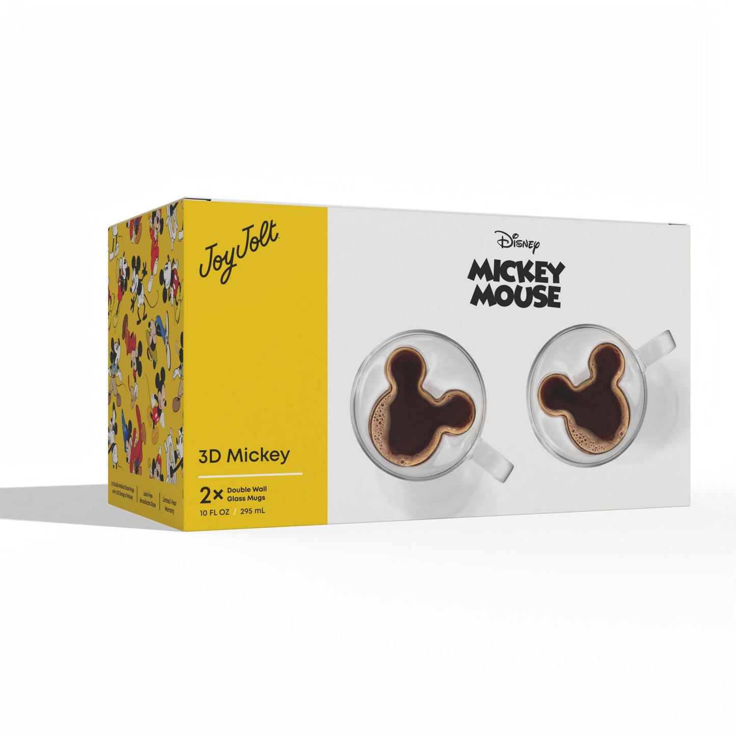 JoyJolt Disney Mickey Mouse 3D Glass Cups Set of 2, 10oz Insulated Double Wall Glass Coffee Cups with 3D Design, Insulated Disney Coffee Cup Set, Unique Mugs Also for Espresso