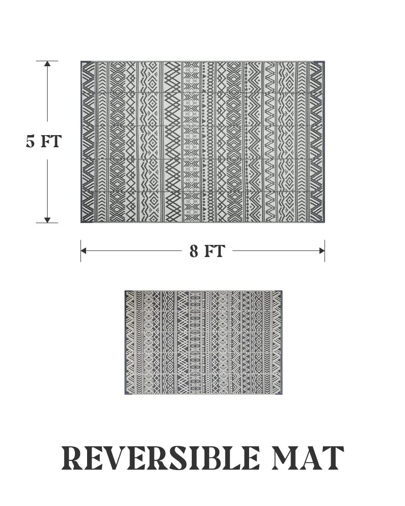 Outdoor Rug 5x8 ft Waterproof Outdoor Carpet-Patio RV Deck Camping Rug Portable Boho Rugs for Outdoor Area Rug Picnic Backyard Porch Beach Mat Grey