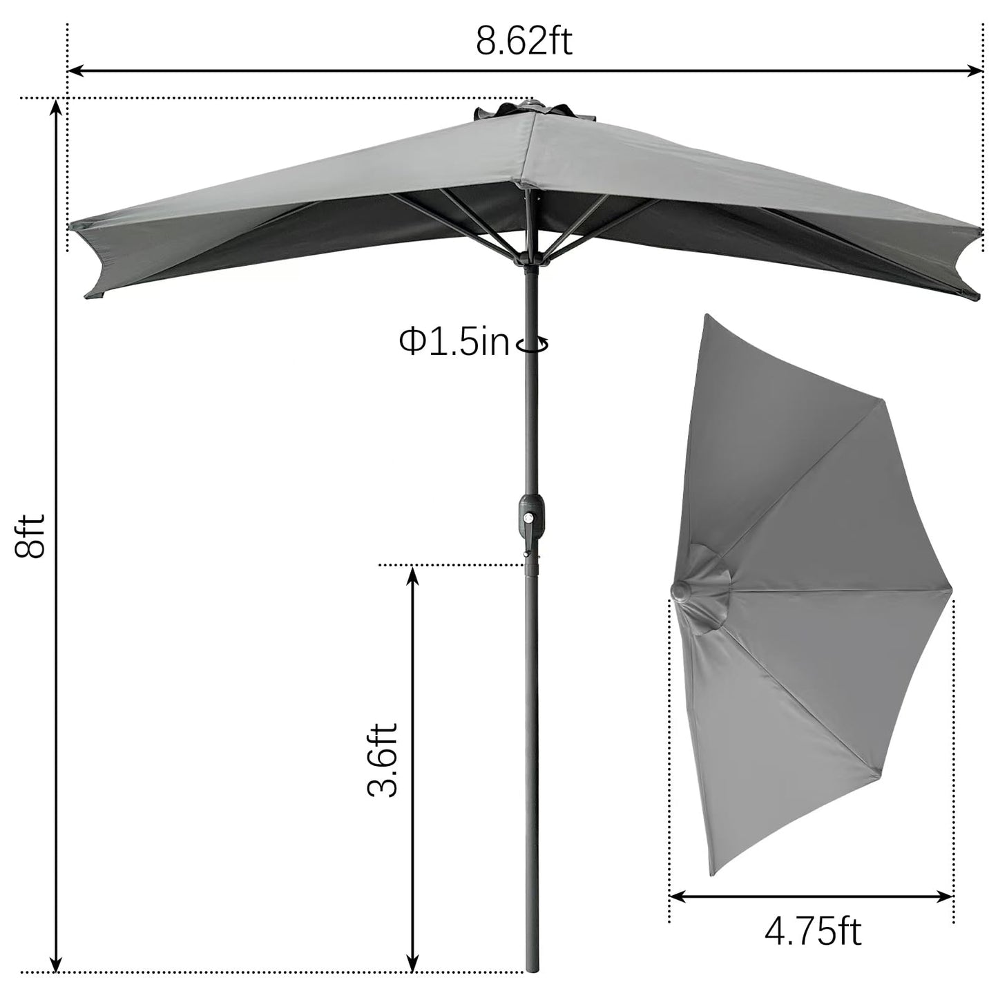 SONGBATE 9ft Steel Half Patio Umbrella with Crank Mechanism, UV- and Water-Resistant Fabric, Ideal for Backyard, Deck, and Garden Shade Solution with 5 Ribs (Carbon Gray)