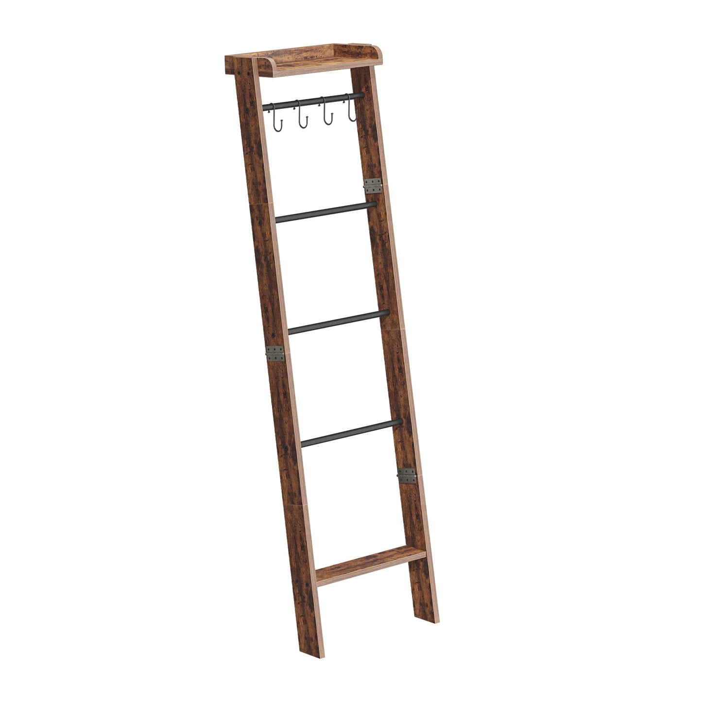 Hzuaneri Blanket Ladder Shelf for Living Room, Decorative Quilt Rack with Storage Shelf, 6-Tier Farmhouse Towel Rack, Ladder Holder Organizer with 4 Removable Hooks for Bedroom, Rustic Brown BR35801B