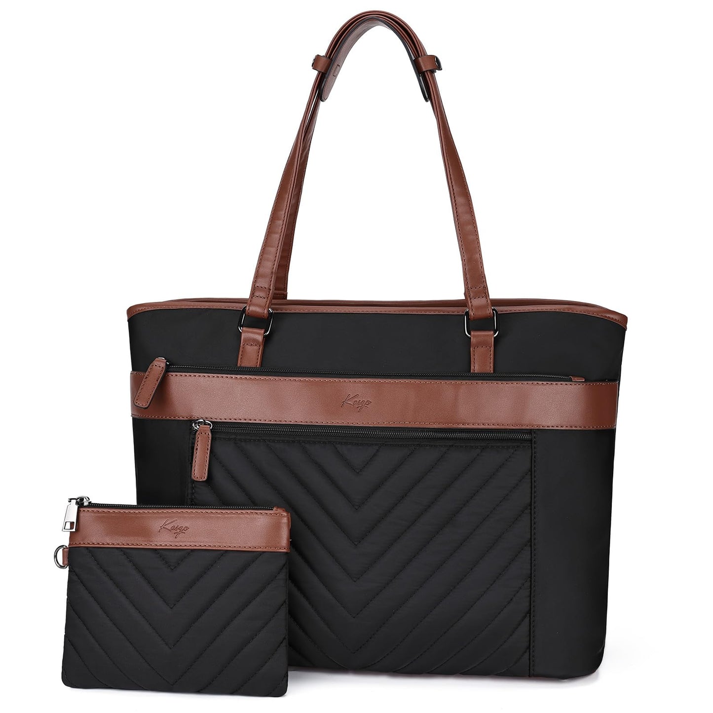 Kasqo Laptop Tote Bag for Women,15.6 Inch Computer Work Bag Water-Resistant Leather Shoulder Handbags with Clutch Purse Black-Brown