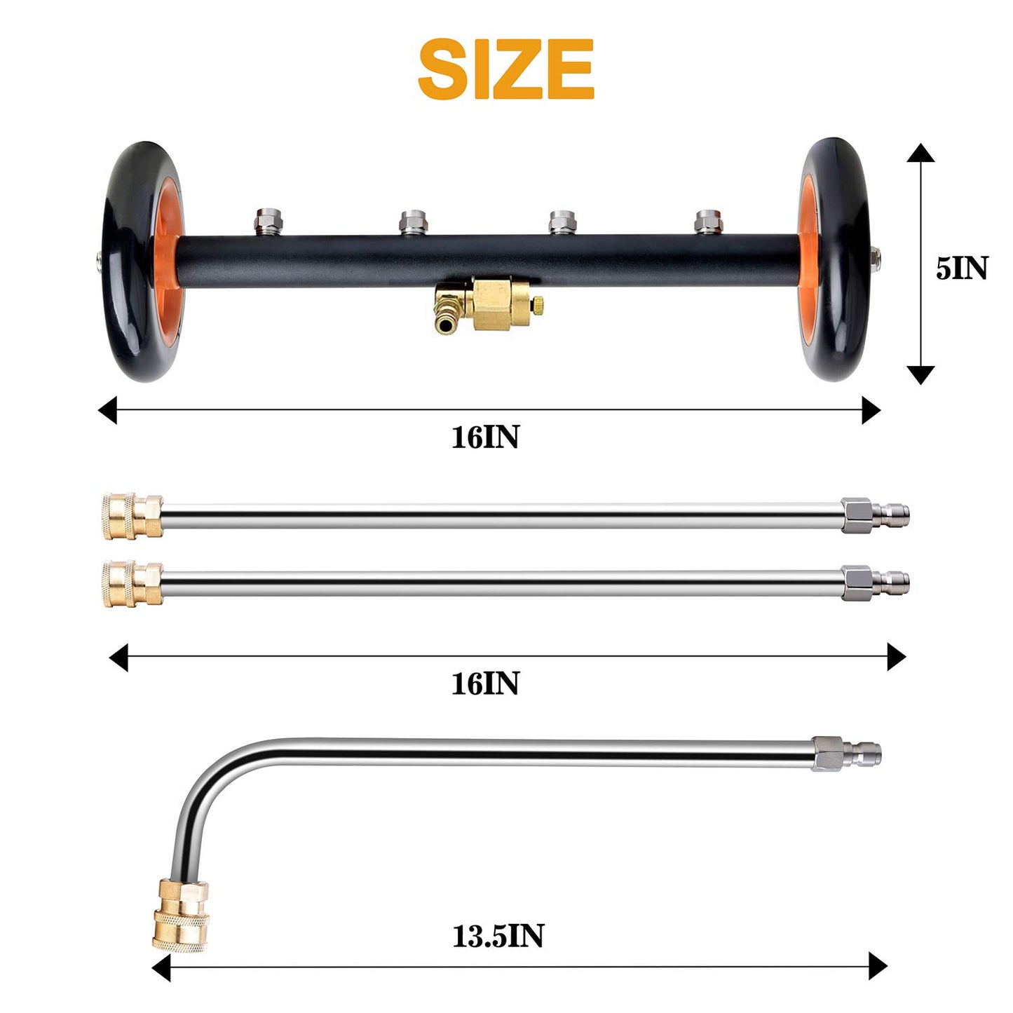 EVEAGE 2-in-1 Pressure Washer Undercarriage Cleaner Water Broom, 16" Surface Cleaner Power Washer Attachment with 4 Nozzles 3 Extension Rods and QC Pivot Coupler Extra Wash Mitt, 4000 PSI,Blaze Orange