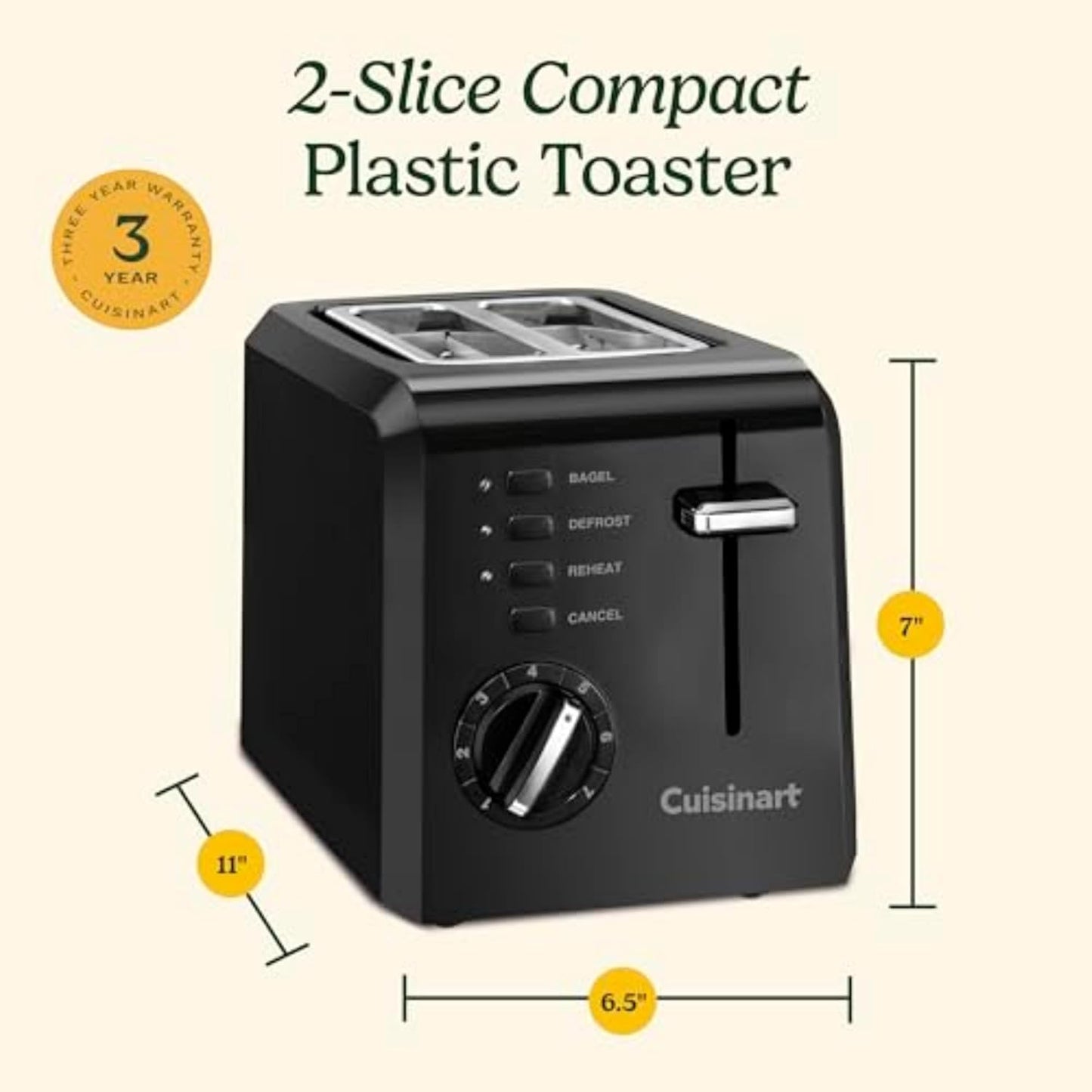 Cuisinart 2-Slice Black Compact Toaster, 7-browning Levels, Black (CPT-122BKC)
