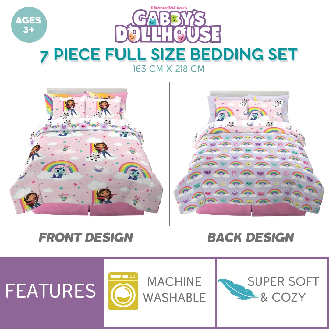 Gabby's Dollhouse Kids Bedding Super Soft Comforter and Sheet Set with Sham, 7 Piece Full Size, (Official) DreamWorks Product by Franco