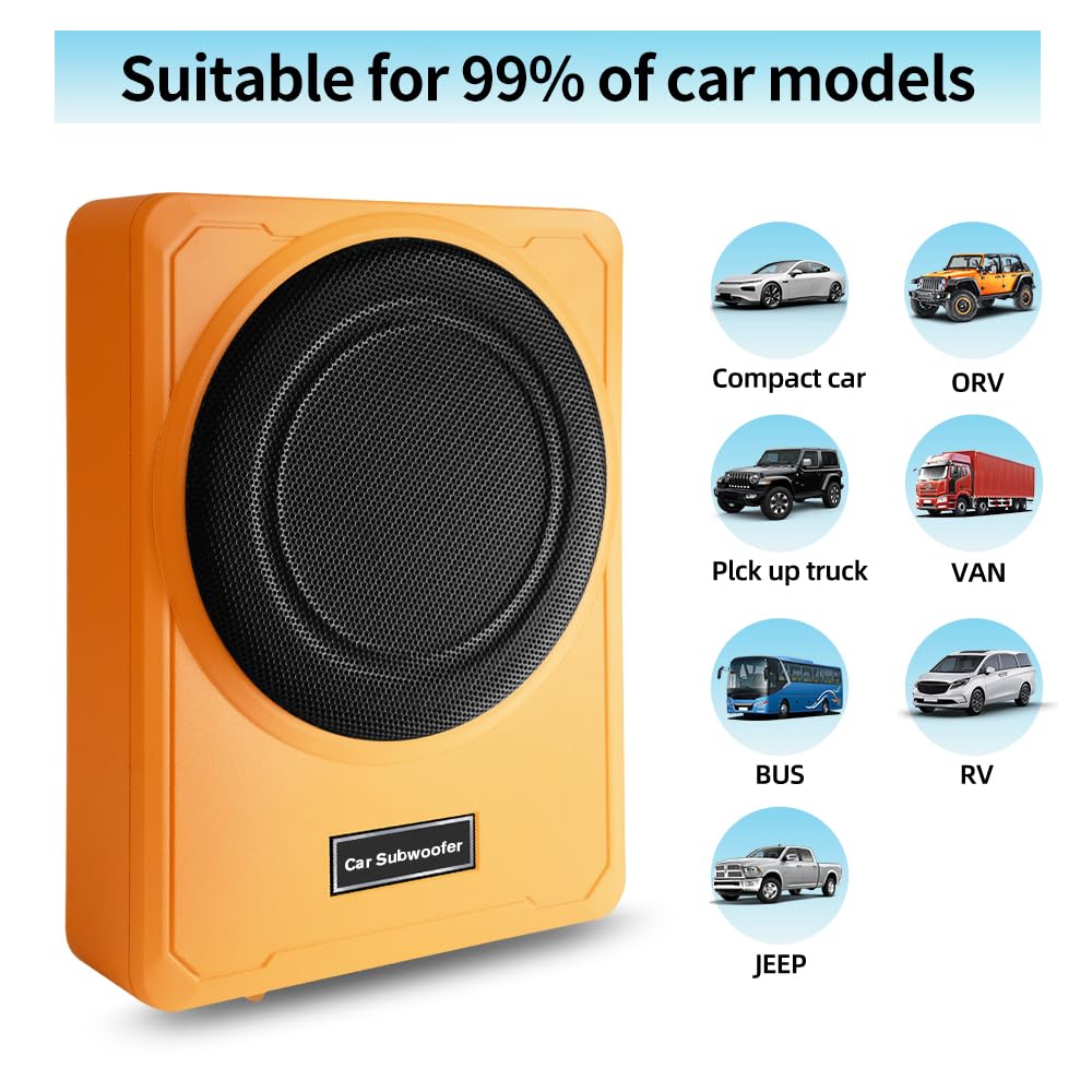 10" 800W Powered Car Subwoofer with Built-in Amplifier, 220W RMS, 20Hz-150Hz, Slim Under Seat Design, High/Low Level Input, Ideal for Cars and Trucks 2025 (Subwoofer + Mounting Wire Kit) Orange