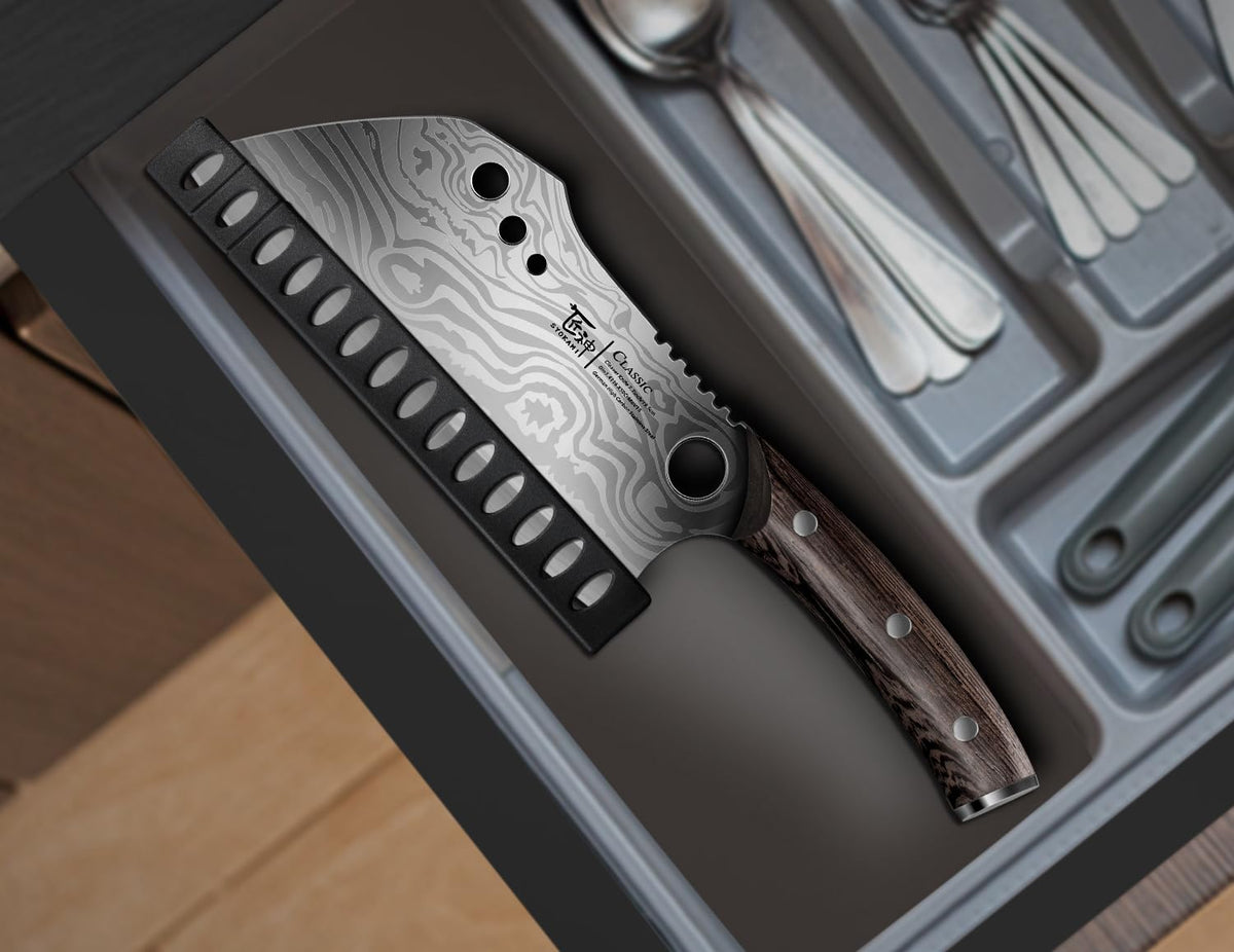 SYOKAMI Meat Cleaver Chef Knife, 7.7 Inch Multifunction Butcher Knife with Herb Stripper and Sheath, Chinese Cleaver Heavy Duty Bone Chopper, Meat Cutting, Damascus Pattern Full Tang Wood Handle