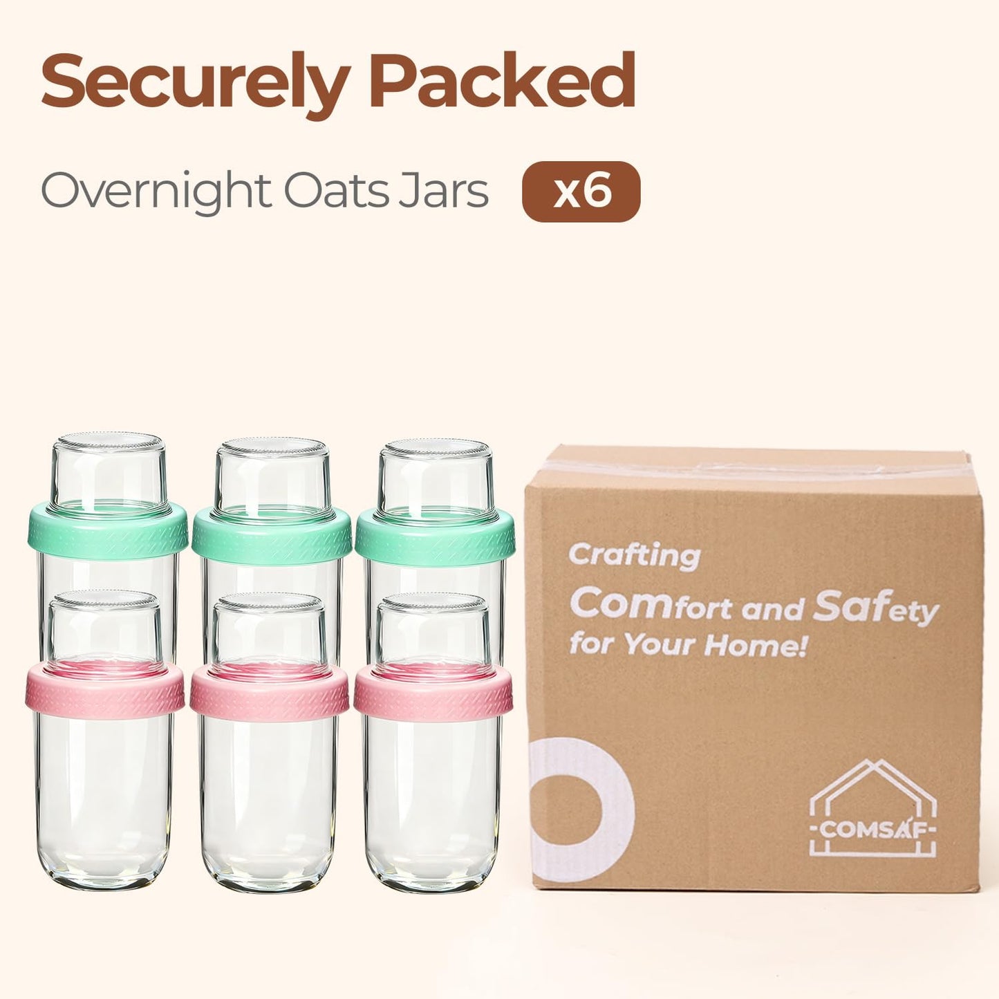 ComSaf Overnight Oats jars with Lids (16oz+4oz 6Pcs), Dual-Laryer Chia Pudding Jars with Dry and Wet Separation, Yogurt Parfait Contianer for Oatmeal Cereal Nut Fruit, Meal Prep Glass Jars for Salad