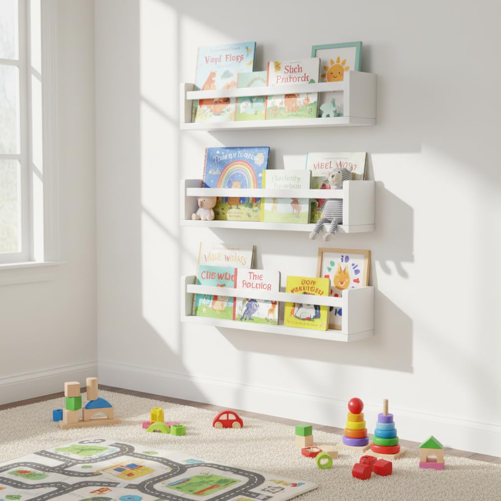 AZSKY Set of 3 Kids Floating Bookshelves White, Wall Mounted Nursery Book Shelves 15.7 Inch(40cm), Ideal Storage & Display Hanging Shelf for Nursery, Bedroom, Playroom Baby Decor, and Toy Storage