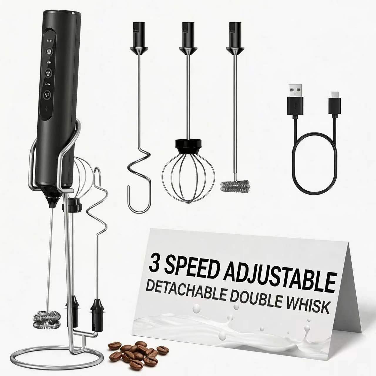 Tomentific Rechargeable Handheld Milk Frother Wand with Stand, 3 Variable Speeds, 3 Whisks, Electric Drink Mixer for Latte, Cappuccino, Hot Chocolate, Eggs and Protein Powder, Black