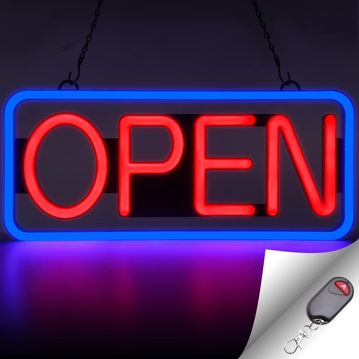 FITNATE Neon Open Sign for Business,21.5x9.5inch Ultra Bright LED Open Sign, With Remote Controller, On/OFF Button, Flashing & Steady Light Mode(Blue/Red), High Lumen&Long Power Cord