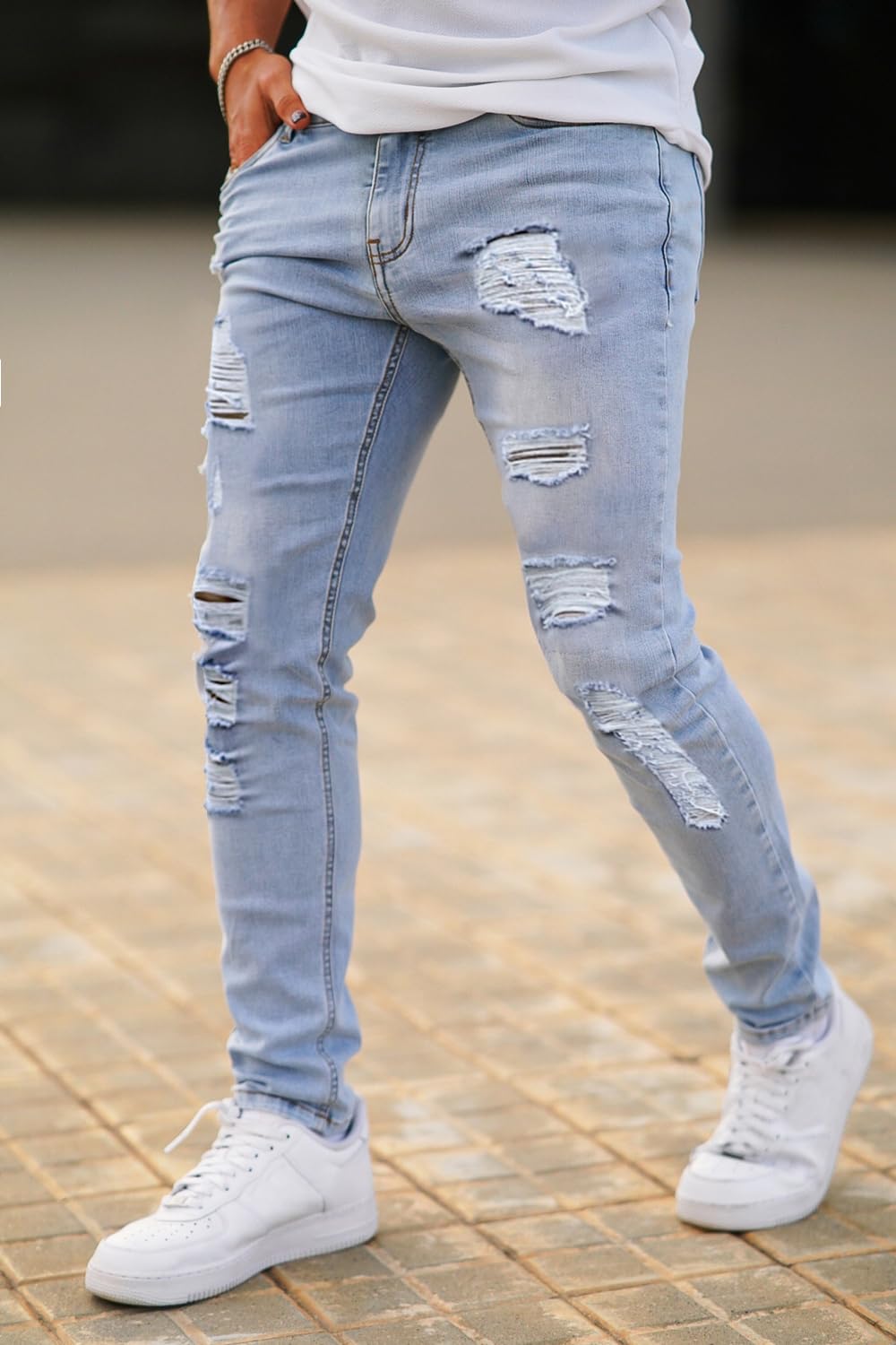 GINGTTO Men's Skinny Jeans Stretch Ripped Tapered Leg, Light Blue Ripped, 30W x 30L
