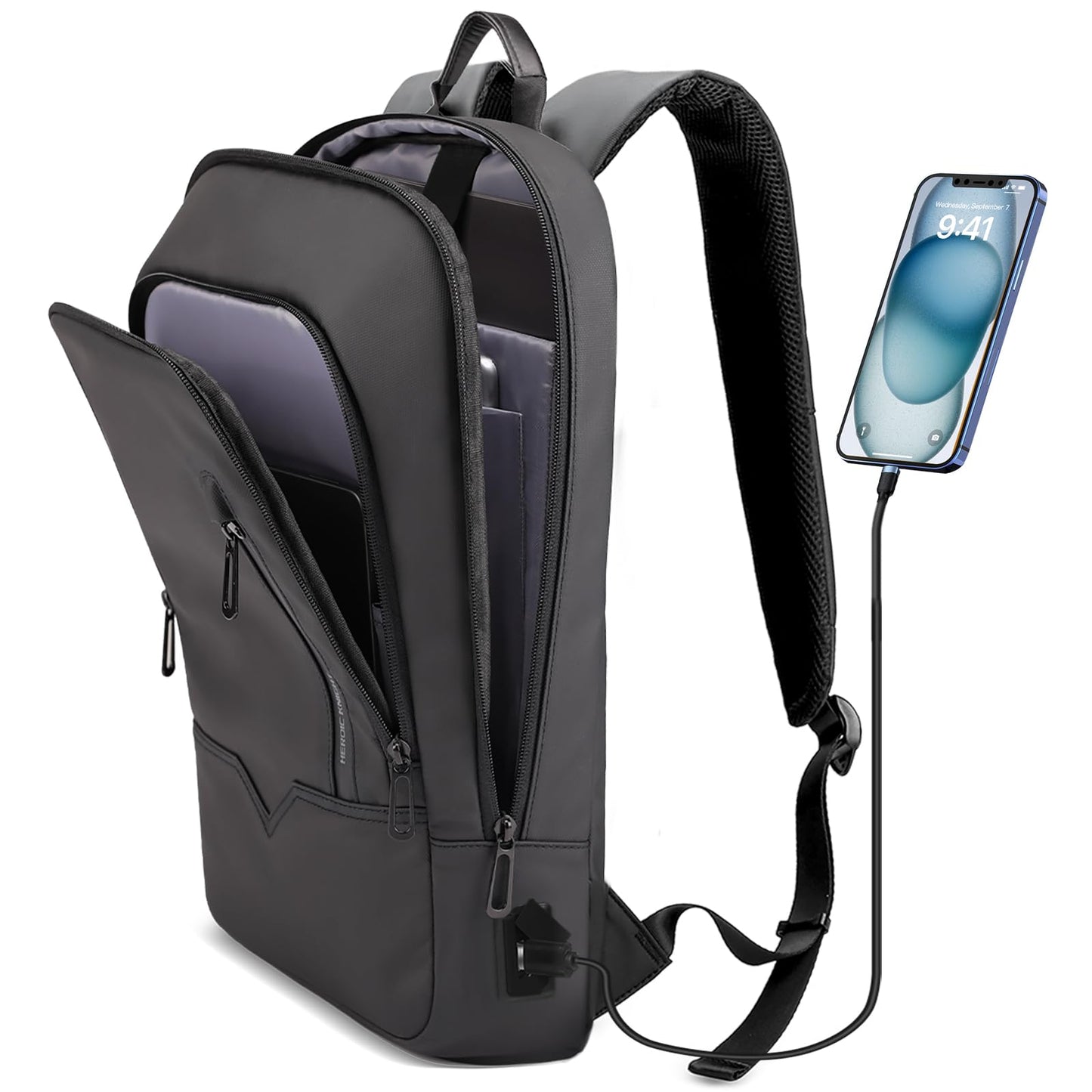 Backpack for Men Business Slim Backpack with USB Charger Computer Lightweight Anti-theft Travel Backpacks 15.6 inch Water Resistant Laptop Bag for Work Office College-Black