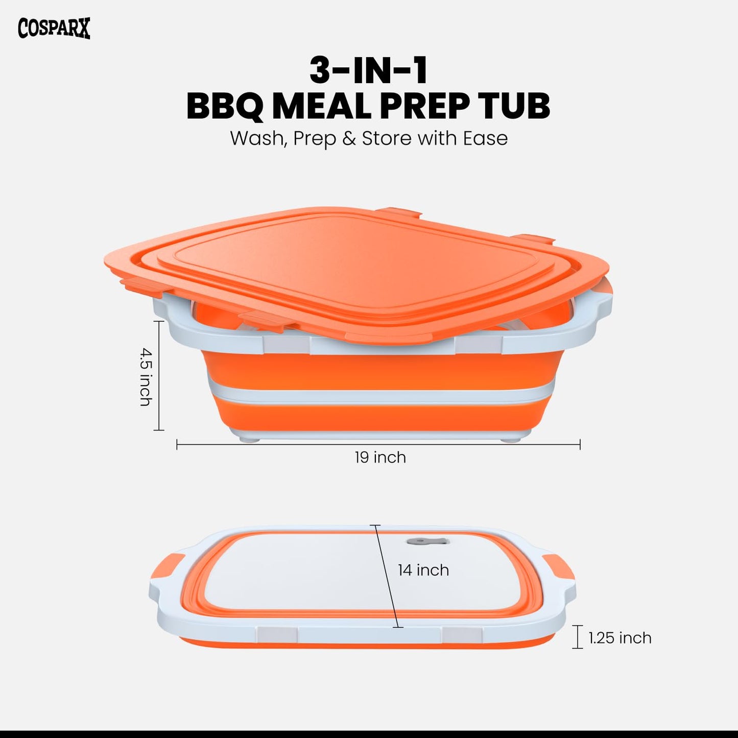 XL Collapsible BBQ Prep Tub with Cutting Board & Drain Plug – Portable Food Prep Station for Kitchen, Camping & Grill – Dishwasher Safe, Space-Saving Design – (Orange)