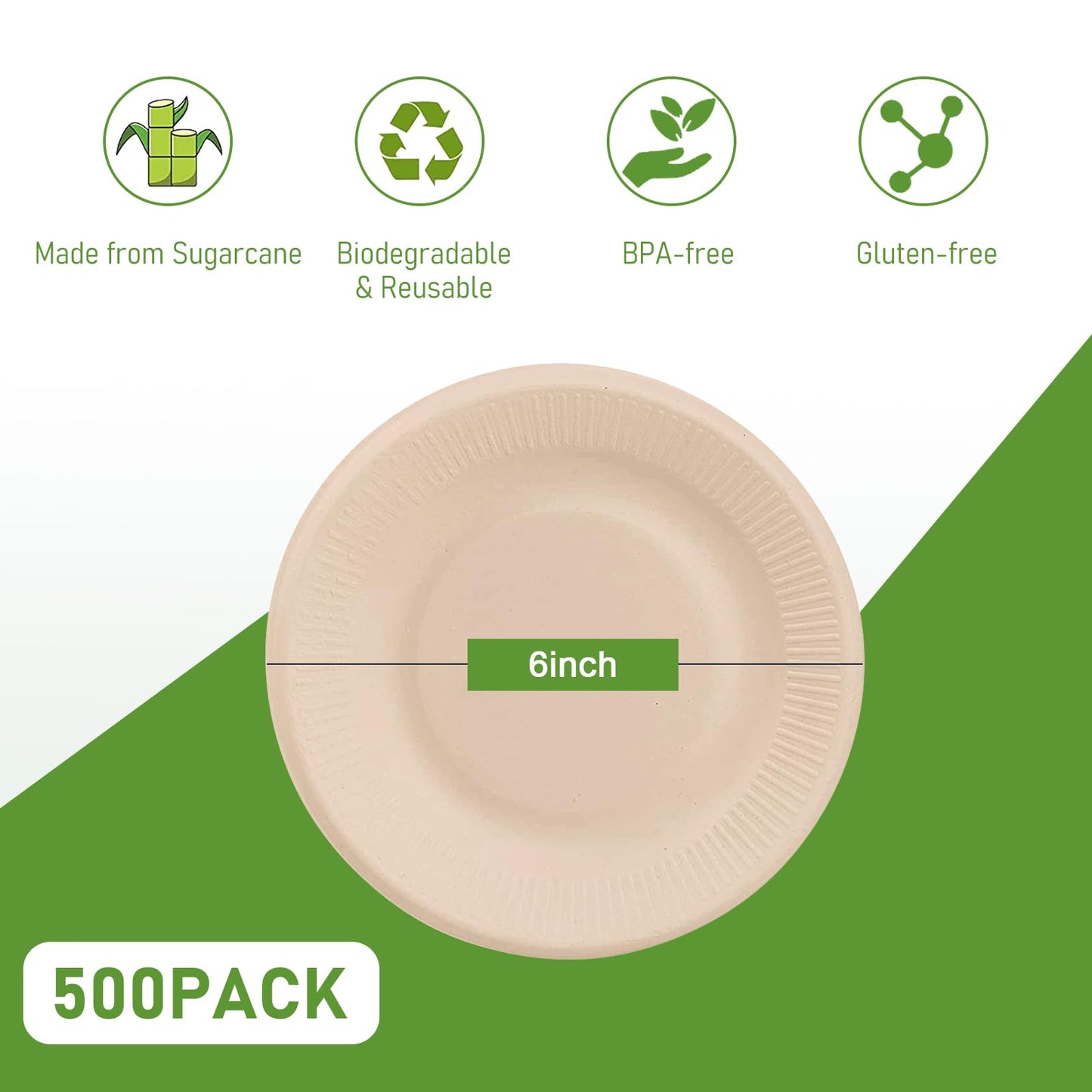 500 pcs Disposable Paper Plates, 6 Inch Bulk Heavy Duty Sugarcane Brown Paper Plates Compostable Plates for Dessert Party Appetizer Cakes Restaurant Party Supplies
