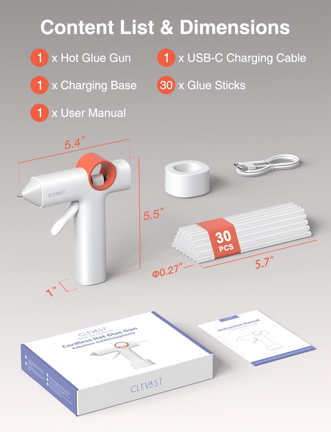 CLEVAST Cordless Hot Glue Gun, 40s Heat-Up, 5000mAh Battery (2+ hrs), Dual USB-C, Use While Charging, Anti-Drip Nozzle, Smooth Flow, 5-Min Auto-Off, for Crafts/DIY/Repairs/Decor