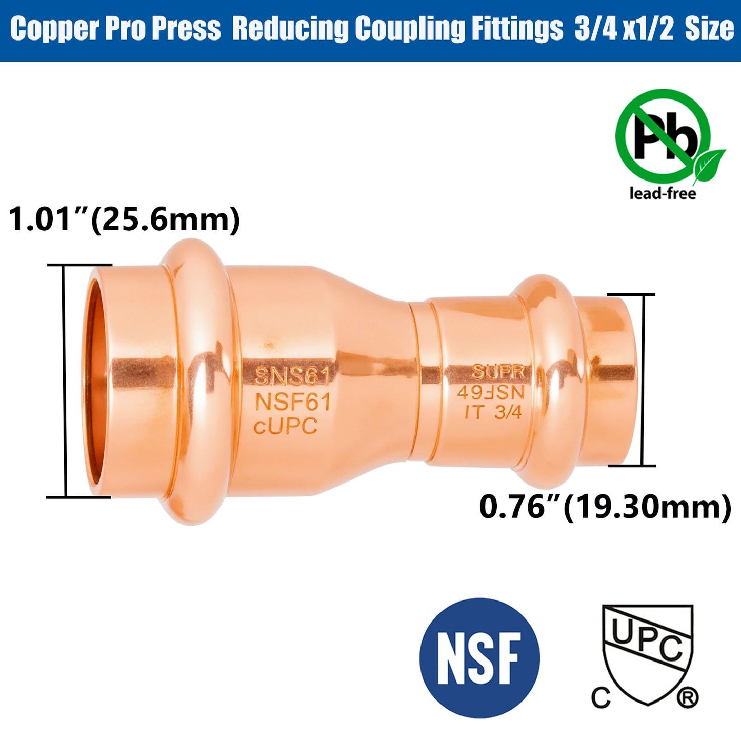 WHK 10 Packs 3/4" x 1/2" Pro Press Propress Copper Reducing Coupling Adater Fittings Use for Connect From 3/4 Cooper to 1/2 Cooper Pipe(Lead-Free,No Stop)