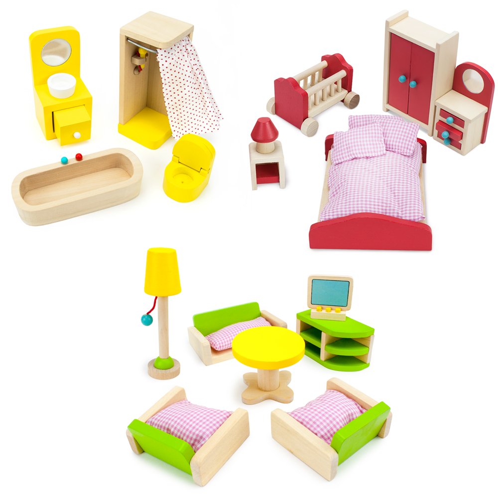 The Fully Furnished Bundle: 5 Sets of Colorful Wooden Dollhouse Furniture (41 Pieces) by Imagination Generation