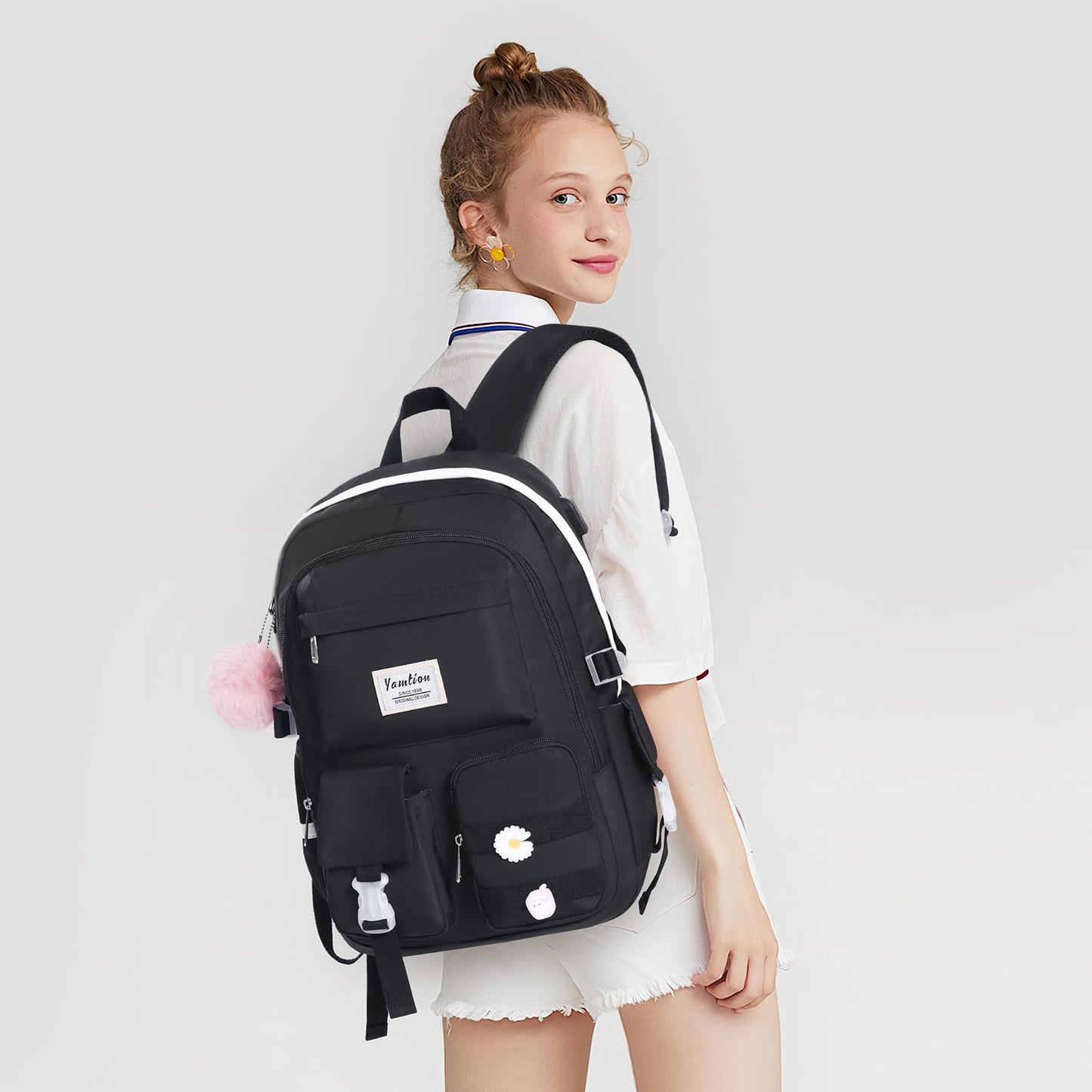 School Backpack for Teen Girls,15.6in Laptop Backpack Kids Bookbag for Middle School College Students,Cute School Bag for Women,Black