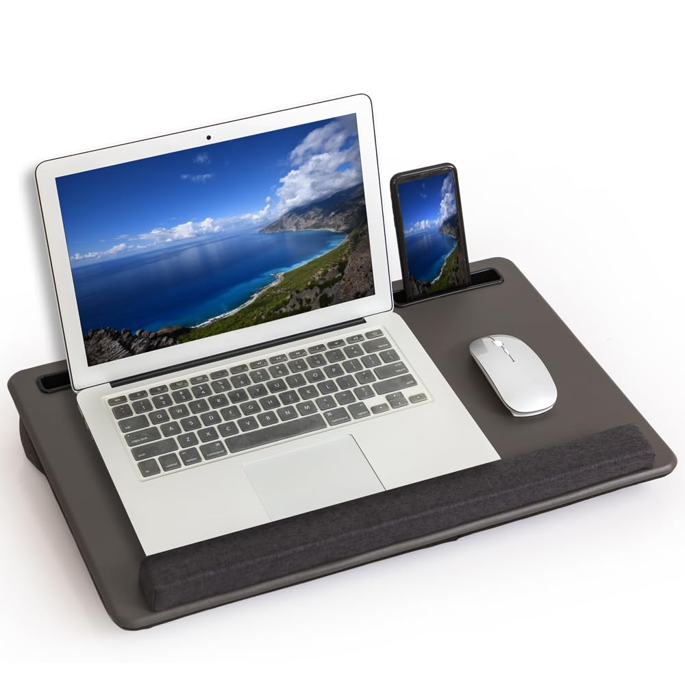 HLead Lap Desk Home Office Lap Desk Portable Laptop Desk for Left Right - Handers with Whole Mouse Pad Wrist Pad Dual Cushion Phone Tablet Slots Fits Up to 17 Inch Laptops