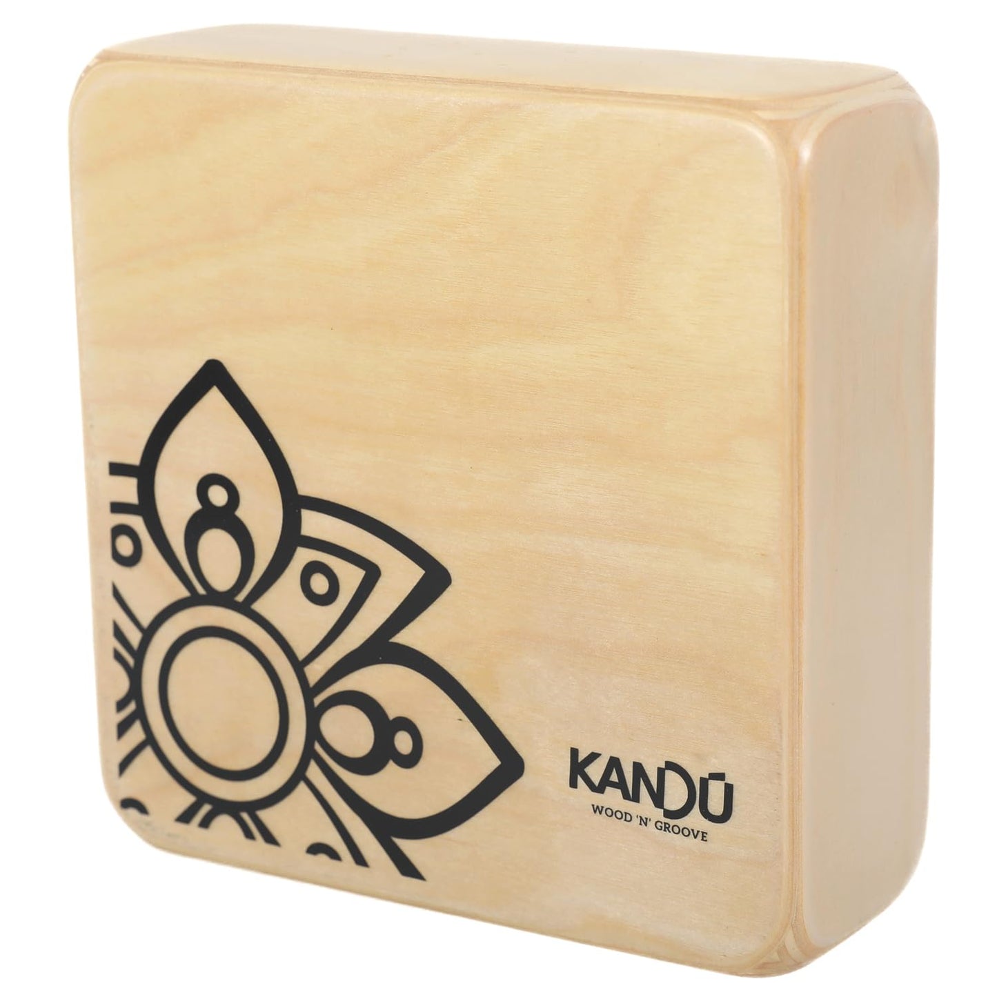 The Kandu Clever Shaker is the first ever shaker drum with two distinctive one side sounds: one side like a clave, the other more like a bongo (Natural Black logo)