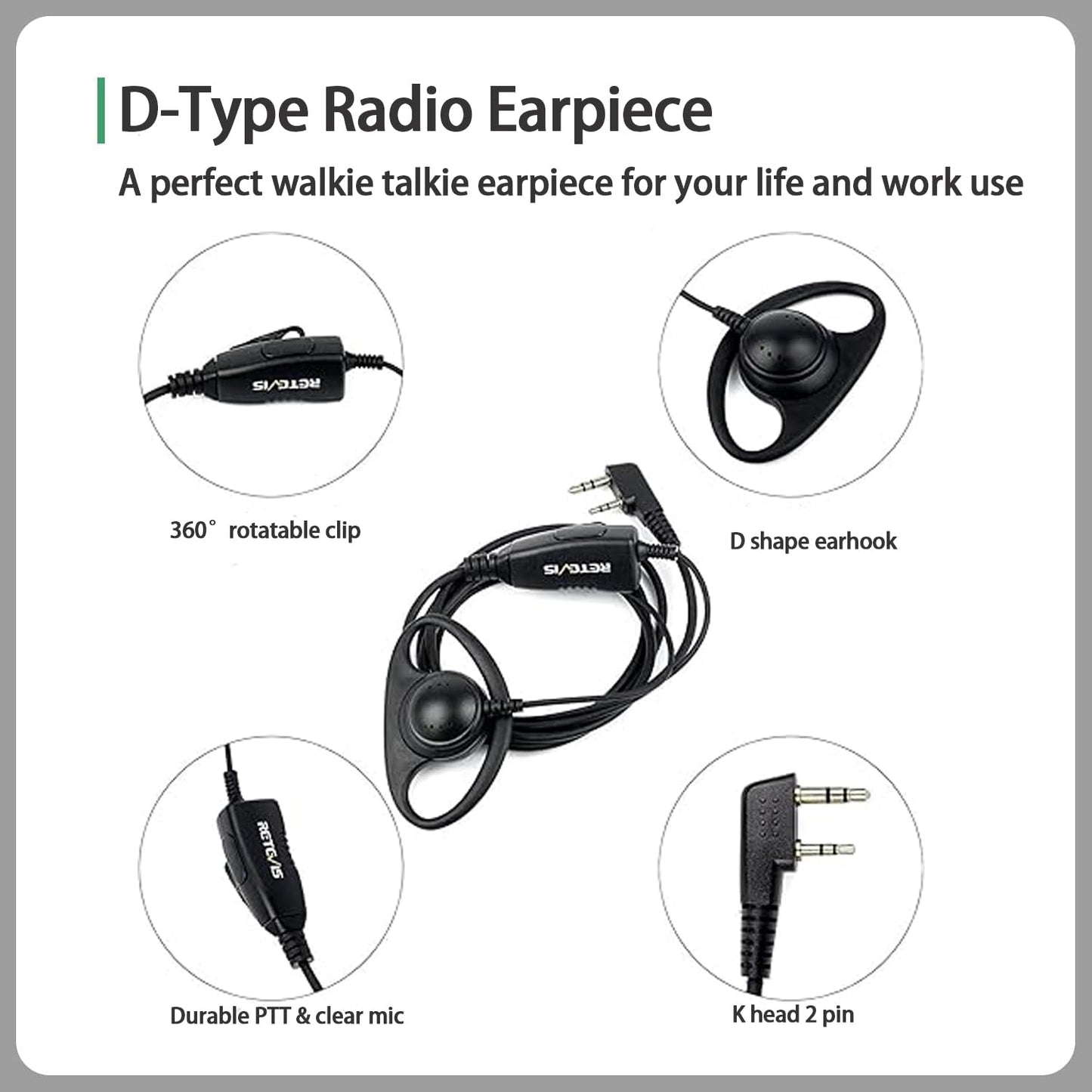 Retevis Walkie Talkie Earpiece with Mic, 2 pin, D Shape, for Retevis RT21 RT68 RT68H H777 H777H, Compatible with Baofeng BF-888S BF-T26 Kenwood Walkie Talkies, Two Way Radio Earpiece(10 Pack)
