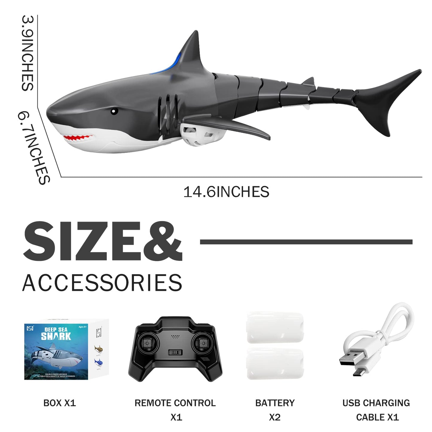 JELLY PLAY Remote Control Shark Pool Toys for Kids Age 8-12, 2.4GHz Waterproof RC Boat, Toy Shark with Light for 60 Mins Play, Gift for Boys Girls