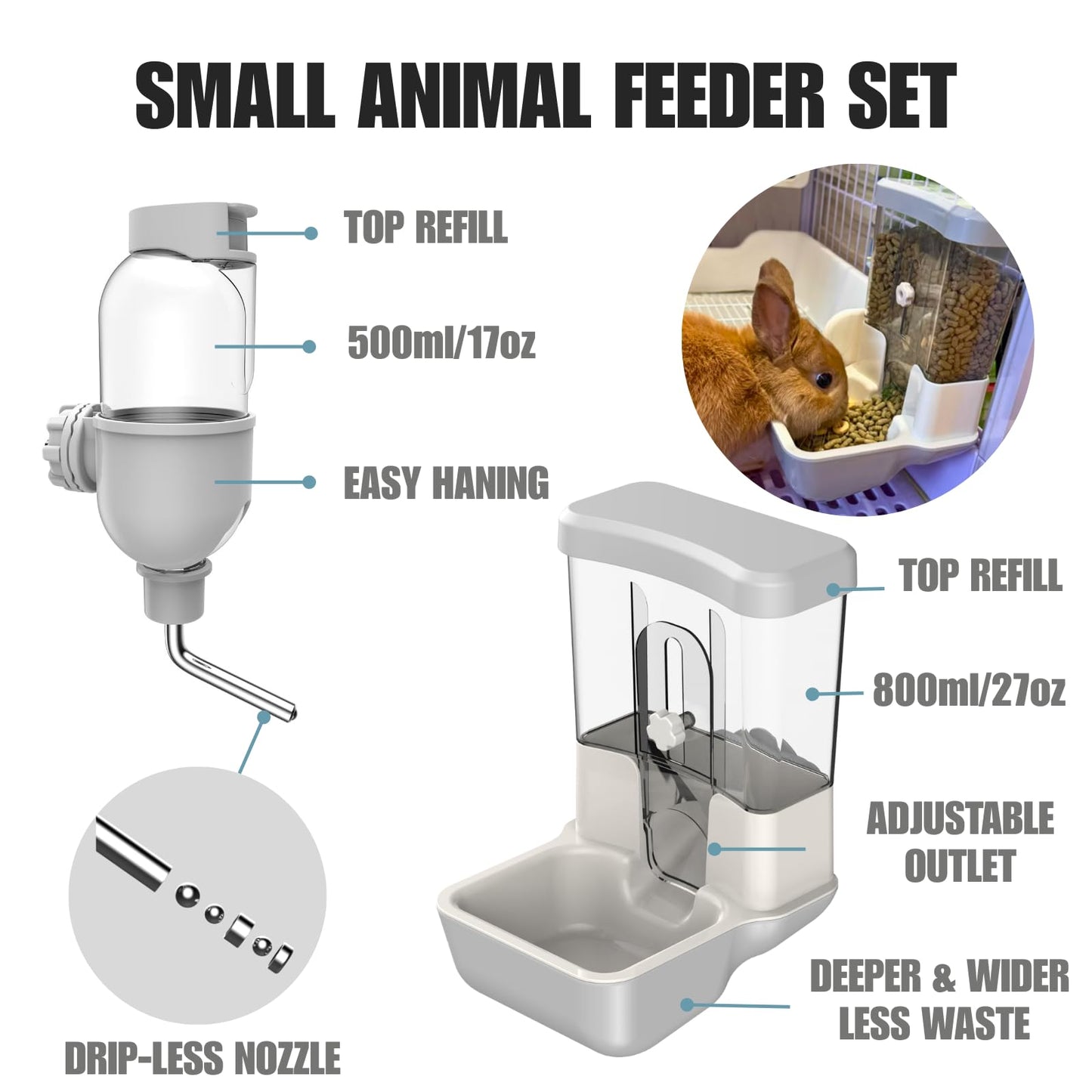Automatic Pet Food Water Dispenser, Auto Gravity Pet Feeder Water Bottle Set for Crate, Feeding Station for Small Dog Cat Rabbit Guinea Pigs Chinchilla Ferret Hedgehog (Grey)