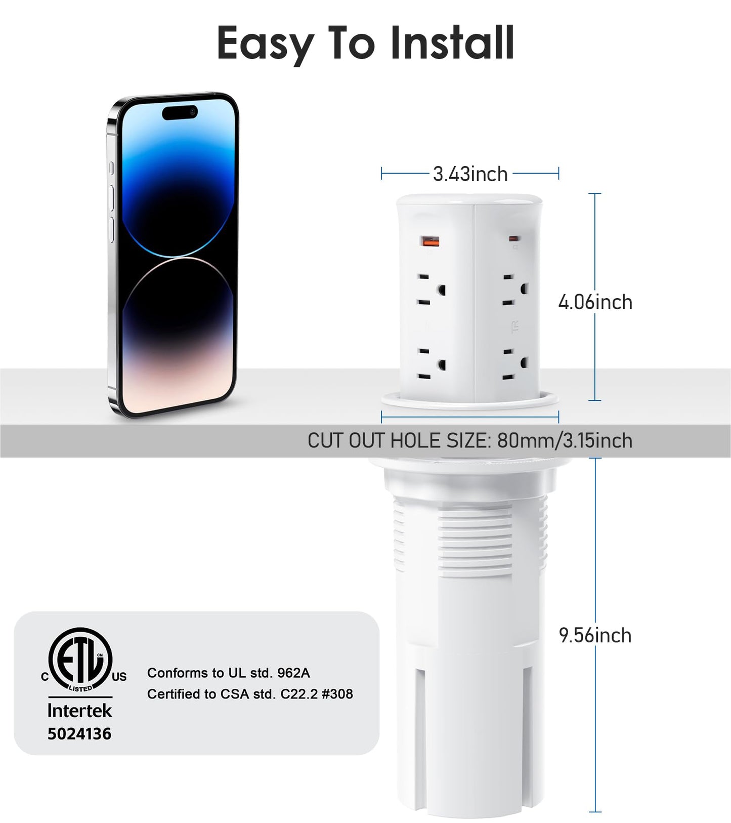 ANNQUAN 3" Pop Up Countertop Receptacle with 4 USB Ports 15W Wireless Charger,Max 20W Power Delivery Pop Up Outlet for Home Office Kitchen(White)