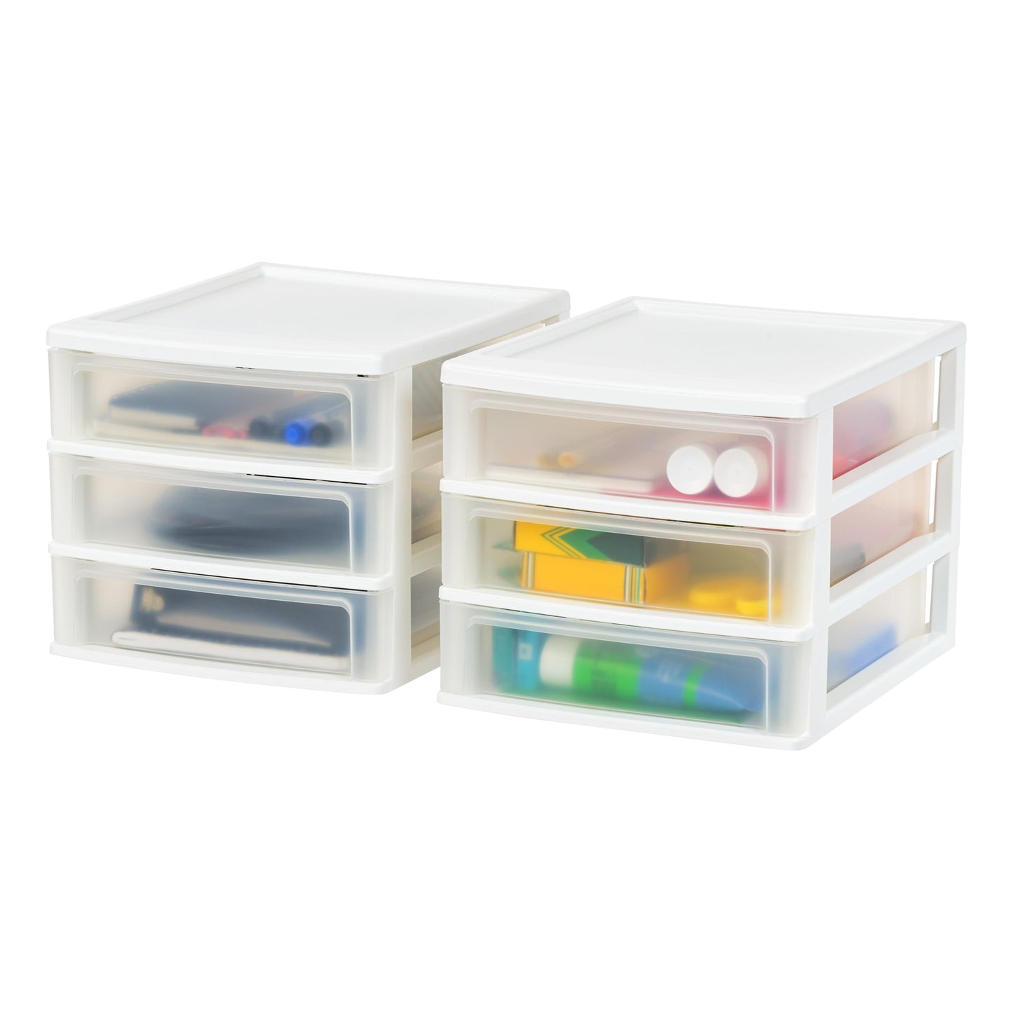 IRIS Plastic Storage Drawers, 3 Drawer Desktop Organizer with Open Top Tray, Plastic Drawer Storage Container for Office, Craft & Small Business Organization – 2 Pack, White