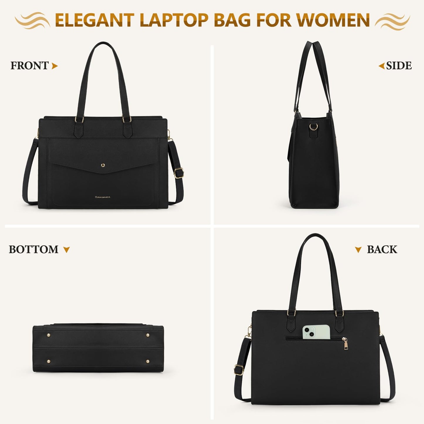 RAINSMORE Laptop Bags For Women 15.6Inch Leather Work Tote Bags Laptop Tote Waterproof Laptop Purse Business Office Computer Bag Professional Womens Briefcase Large Handbag for Travel College, Black