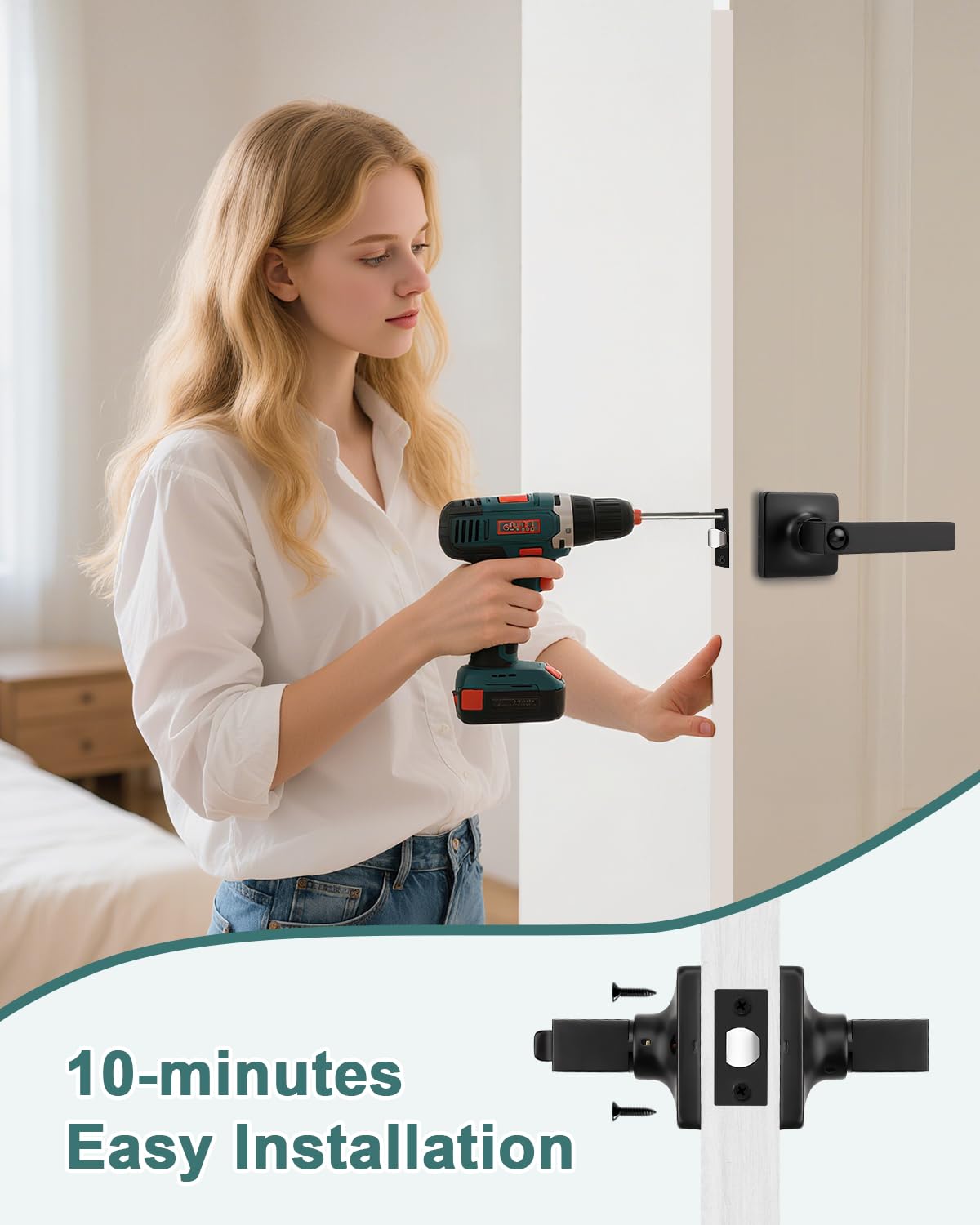 GOBEKOR 2 Pack Privacy Door Lock for Bedroom,Square Matte Black Door Levers with Lock (Thumb Turn,No Key),Interior Door Handles Black,Reversible for Right or Left Side
