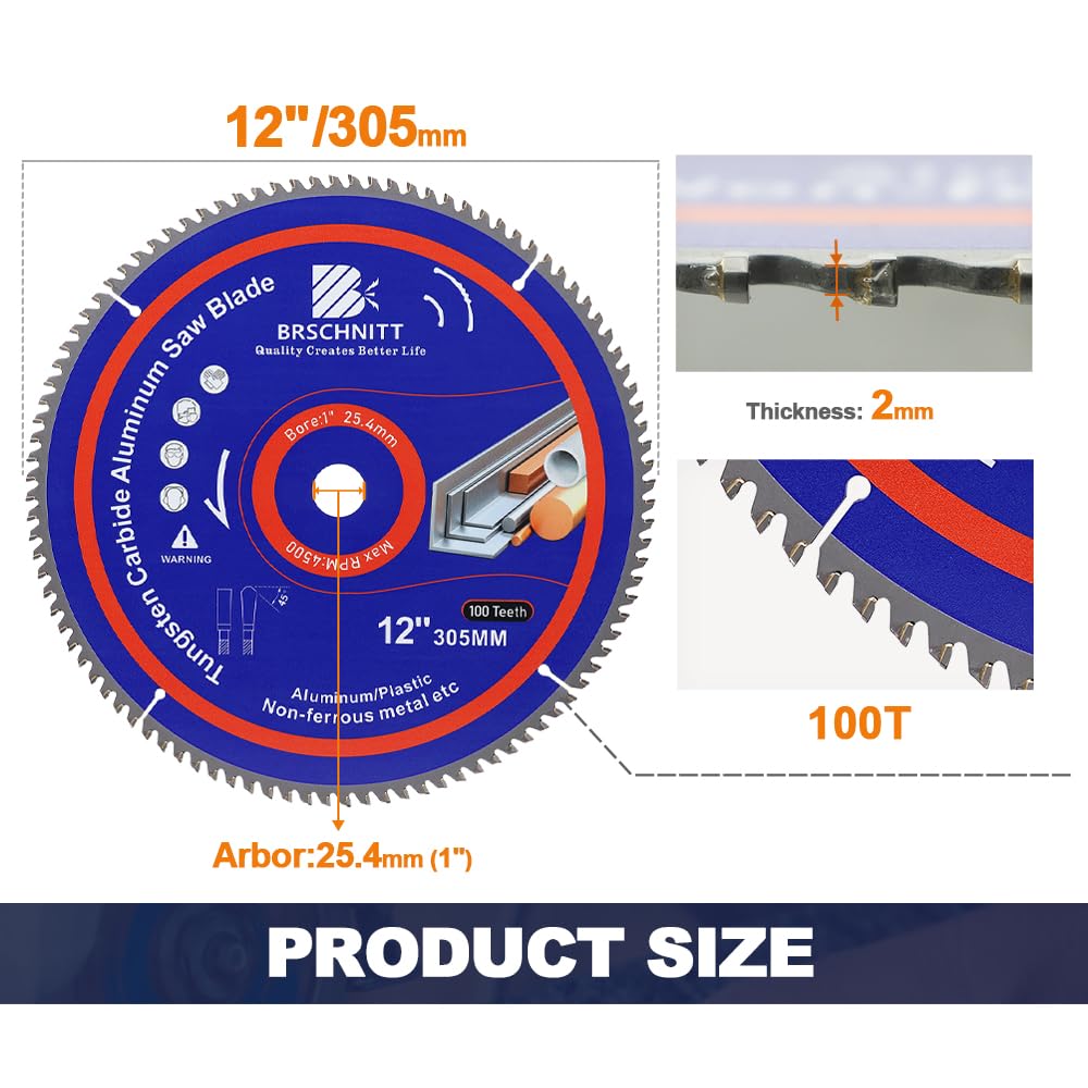 BRSCHNITT 12Inch 100Tooth TCG Metal Saw Blade - for Aluminum Plastics and Non Ferrous 1" Arbor
