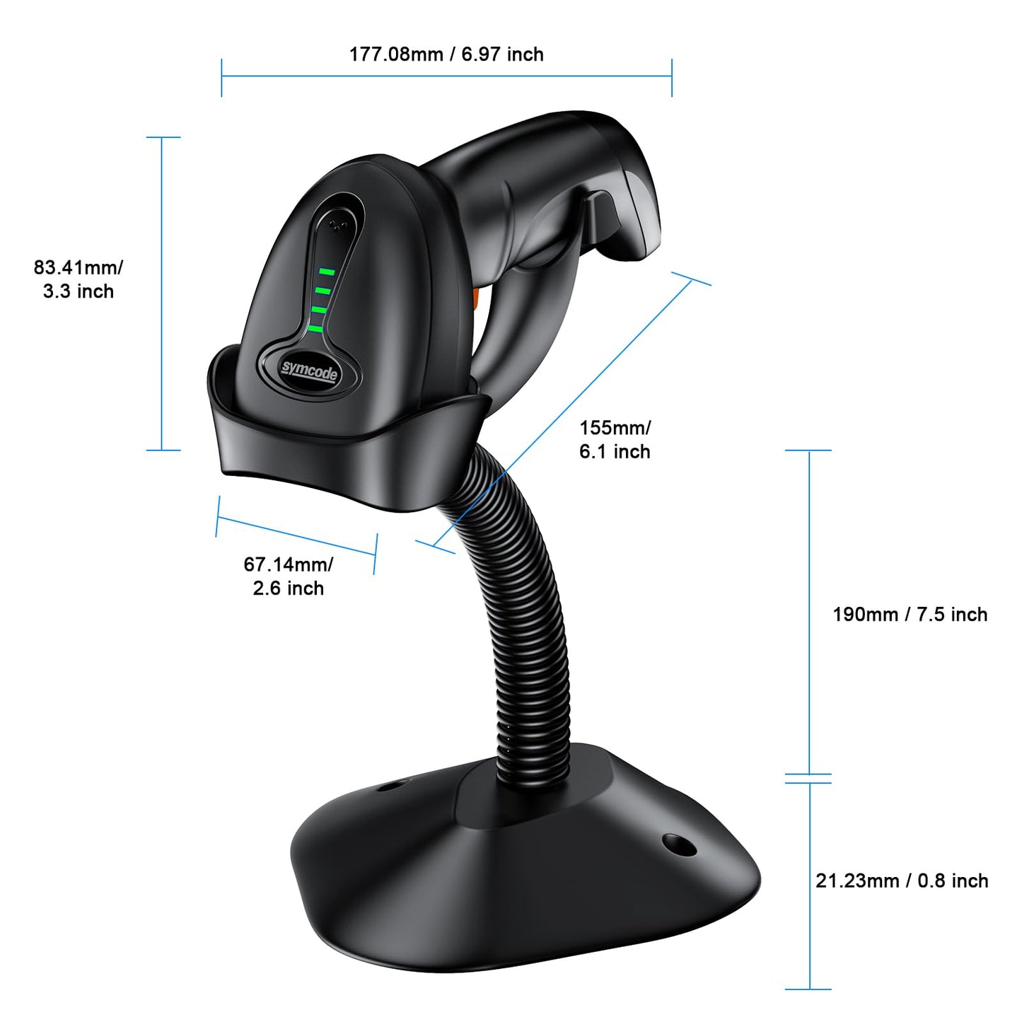 Symcode Barcode Scanner Wireless with Auto-Sensing Stand,Handheld 1D Laser Cordless Bar Code Scanner with Battery Level Indicator and Multiple Scanner to One Receiver