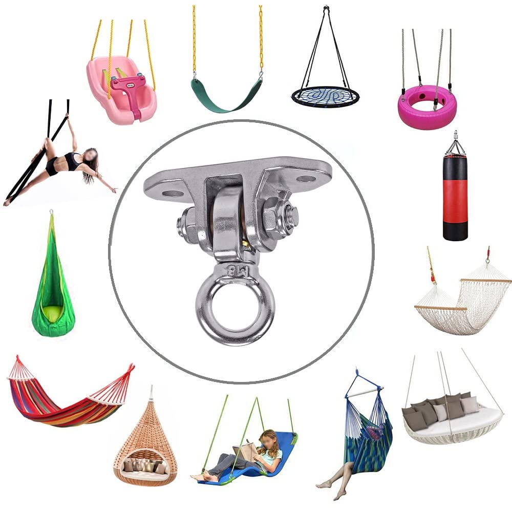 Heavy Duty 360° Swivel Swing Hanger, Stainless Steel Swing Hook for Ceiling Wooden Porch Swing Hanging kit Playground Gym Rope Boxing Hammock Chair Yoga Trapeze 1500 lb Capacity