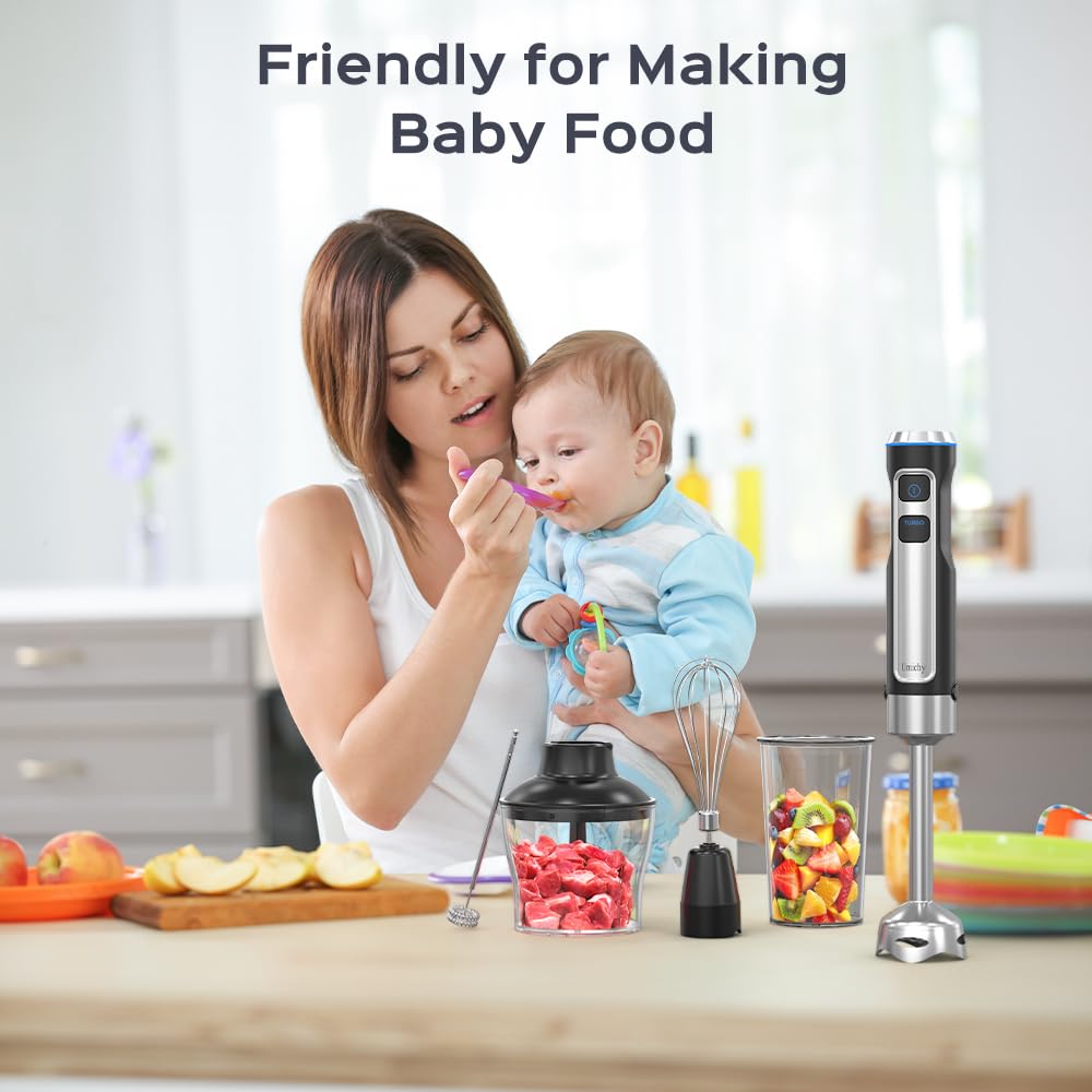 Powerful Hand Blender, Electric Immersion Blender 1000W with 21 Speed and Turbo Mode, 5-in-1 Handheld Blender, Milk Frother, Egg Whisk, 800ml Beaker, 600ml Chopper and 304 Stainless Steel Blades