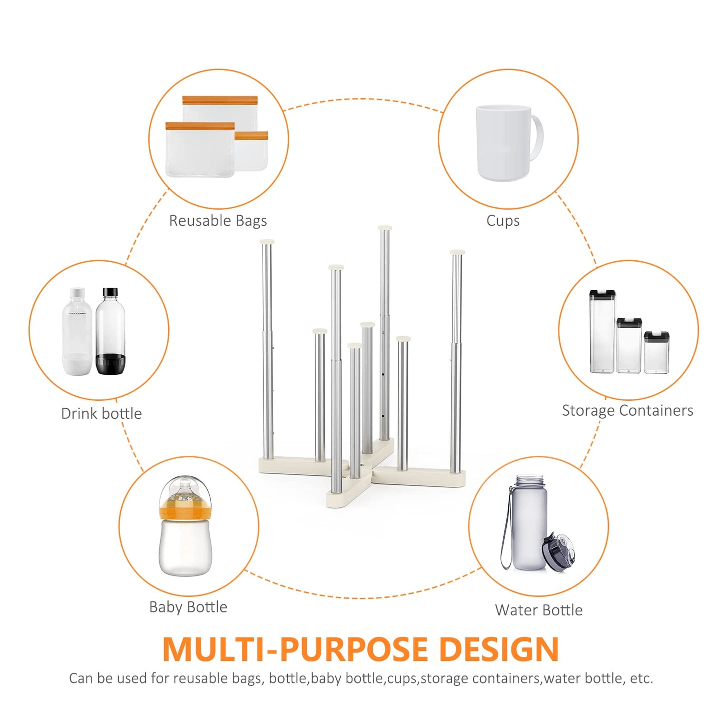 KORRTFID Reusable Storage Bag DryingRack, Retractable Metal Bottle Drying Rack,Collapsible Cup Drying Rack forWater Bottles, Mason Jars,Mugs,Glass and Sports Bottle (1 Pcs