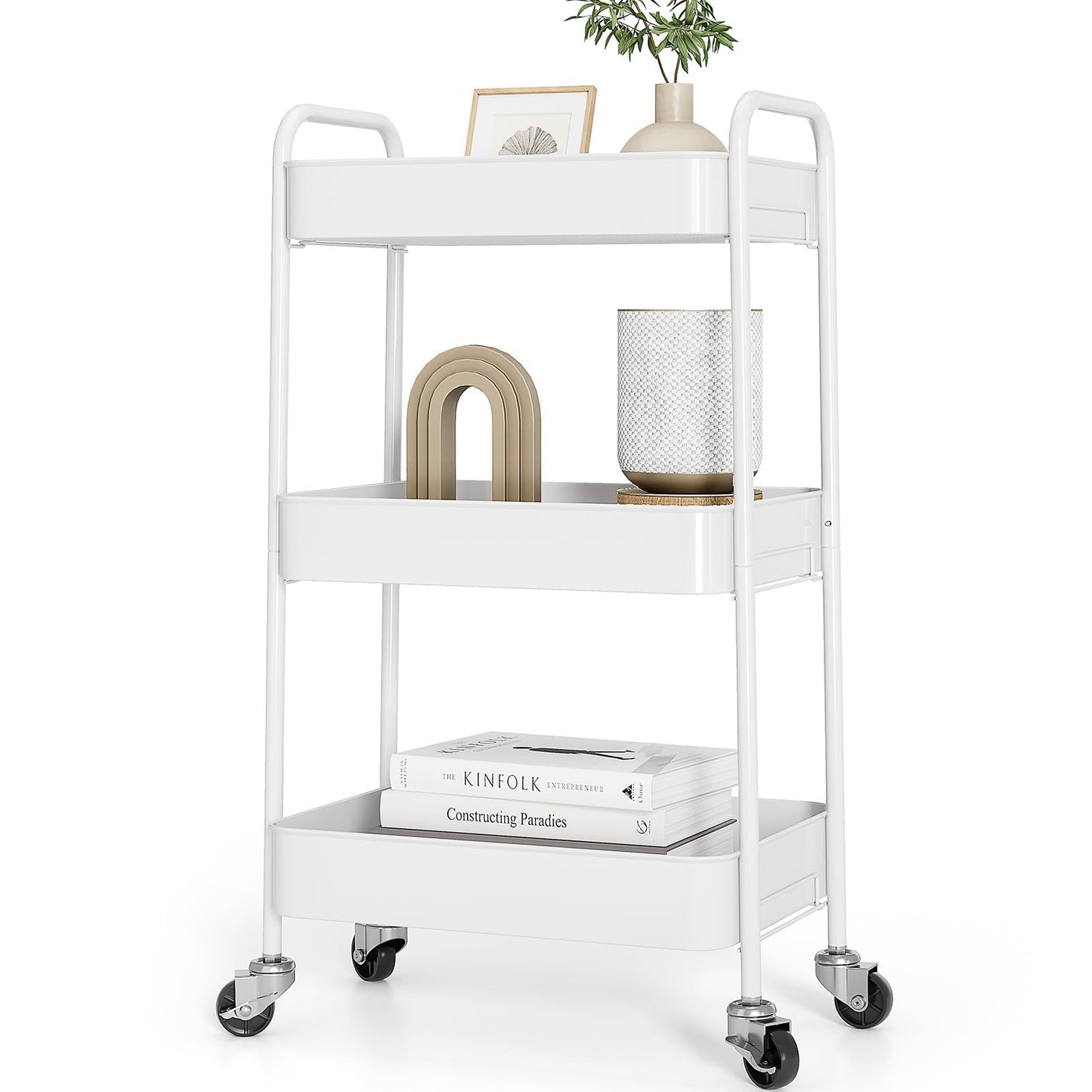TOOLF 3-Tier Rolling Cart, Metal Utility Cart with Lockable Wheels, Storage Craft Art Cart Trolley Organizer Serving Cart Easy Assembly for Office, Bathroom, Kitchen, Kids' Room, Classroom (White)