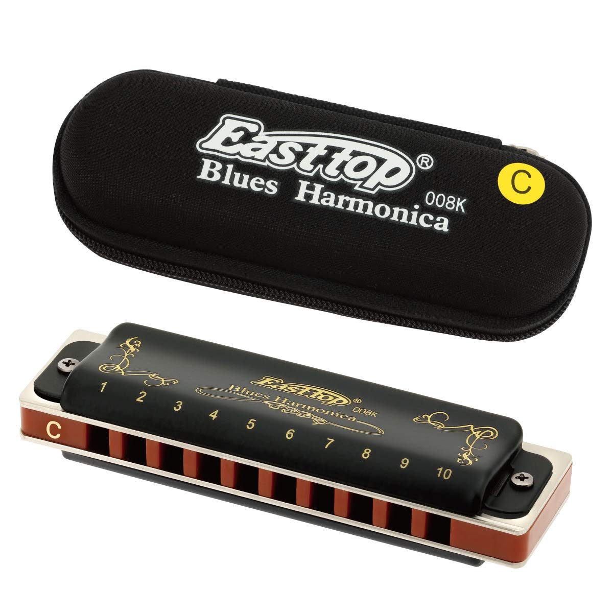 East top Harmonica C, Blues Harmonica Key of C 10 Hole 20 Tone Blues Mouth Organ Diatonic Harmonica Adult Musical Instrument for Professional Player, Beginner, Students (Black)